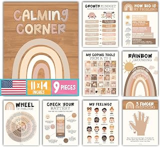 Hadley Designs 9 Calming Corner Posters for Kids - 11x14 Emotional Regulation Classroom Set with Feelings Wheel Chart & Emotions Posters - Boho Calm Down Corner Bulletin Board for Toddlers and Teens