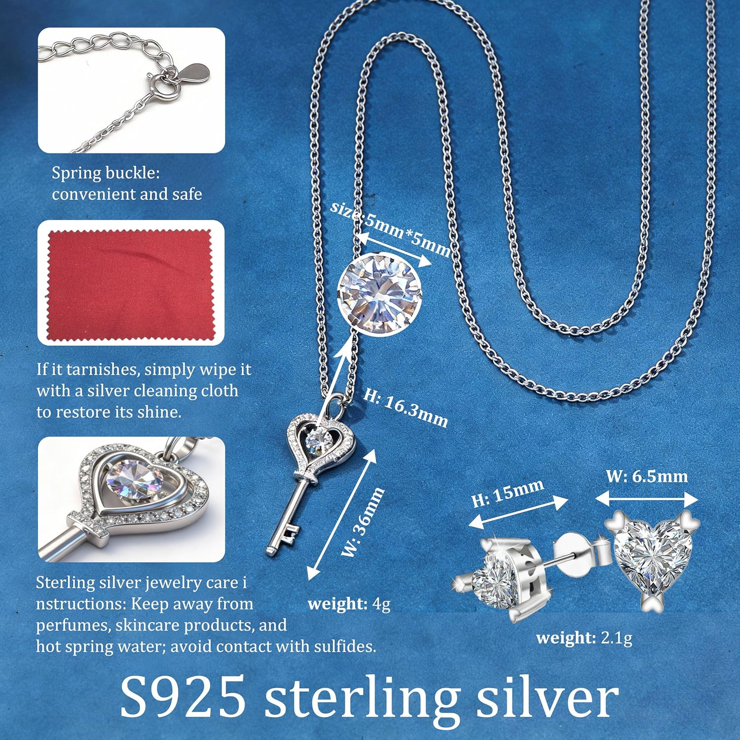 Moissanite Heart Necklace for Women, 925 Silver 3EX Cut, Diamond Fire Brilliance, Heart Pendant Necklace & Matching Heart Stud Earrings Gift Set