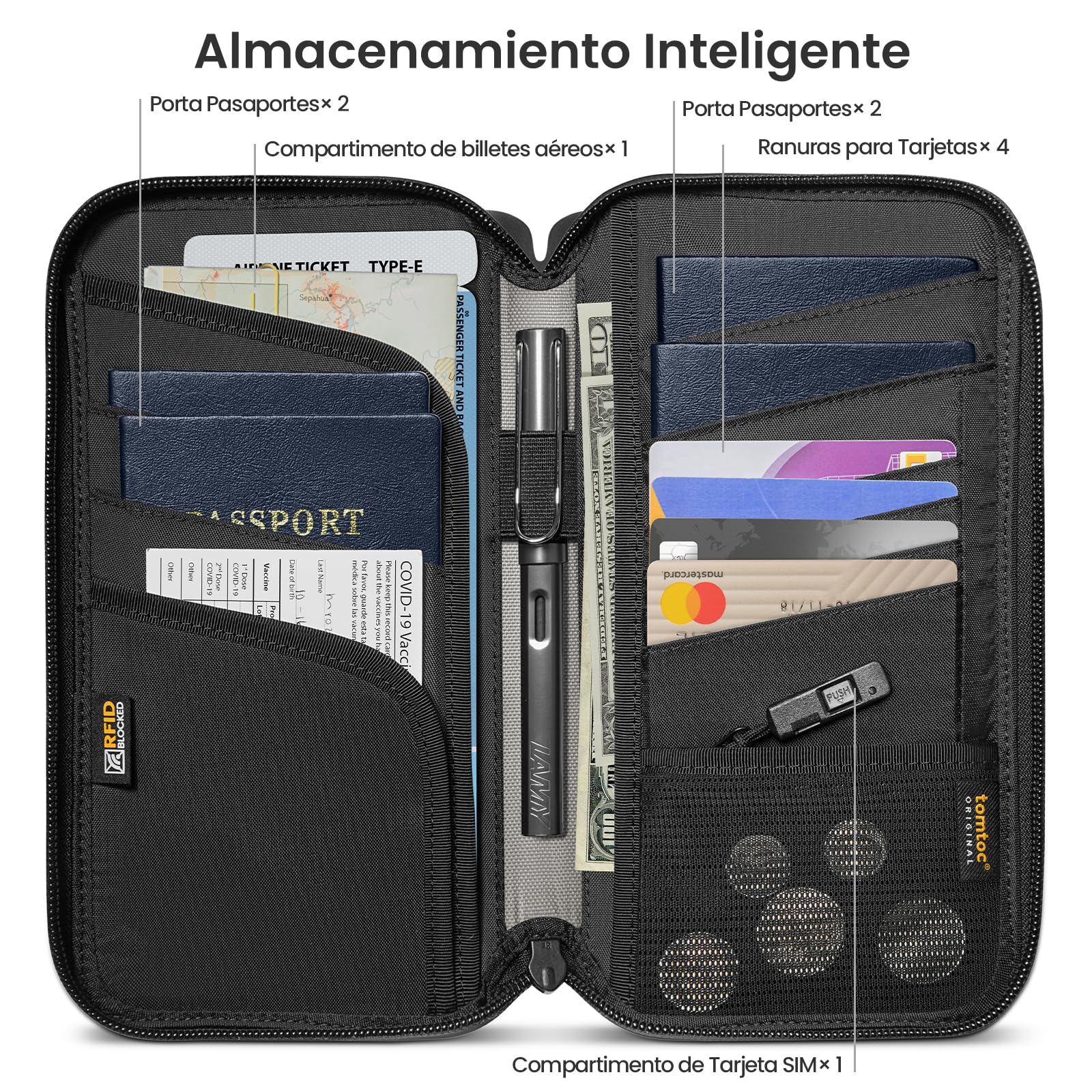 tomtoc Fundas de Pasaporte para 4 Pasaportes y 4 Tarjetas, Estuche Protector para Pasaporte Familiar para Tarjeta SIM y Pasador de Expulsión, Protección RFID, Bolsillo para Tarjeta de Vacunación