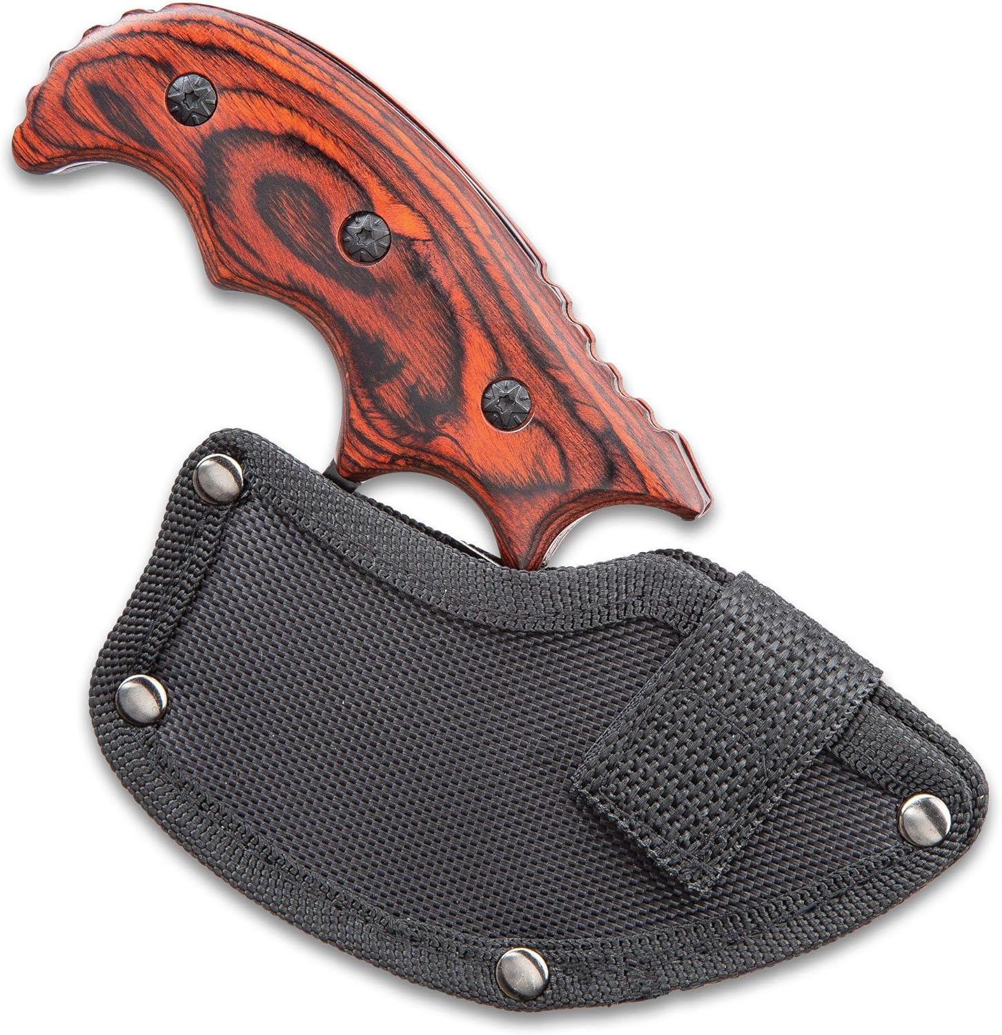 Ridge Runner Mini Modified Ulu Knife with Sheath | 6 1/2" Full Tang Stainless Steel Hunting & Skinning Knife | 4 1/4" Curved Ulu Blade, Wooden Handle & Finger Ring for One-Hand Cutting