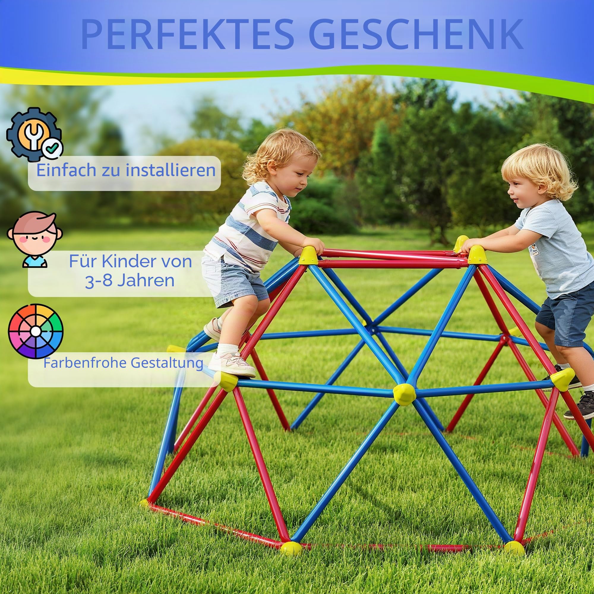 Outsunny Kletterkuppel für Kinder, 183 cm, Kletterkäfig aus Metall, maximale Belastung 180 kg, Outdoor-Spielplatz für Kinder von 3 bis 8 Jahren, einfache Montage, mehrfarbig