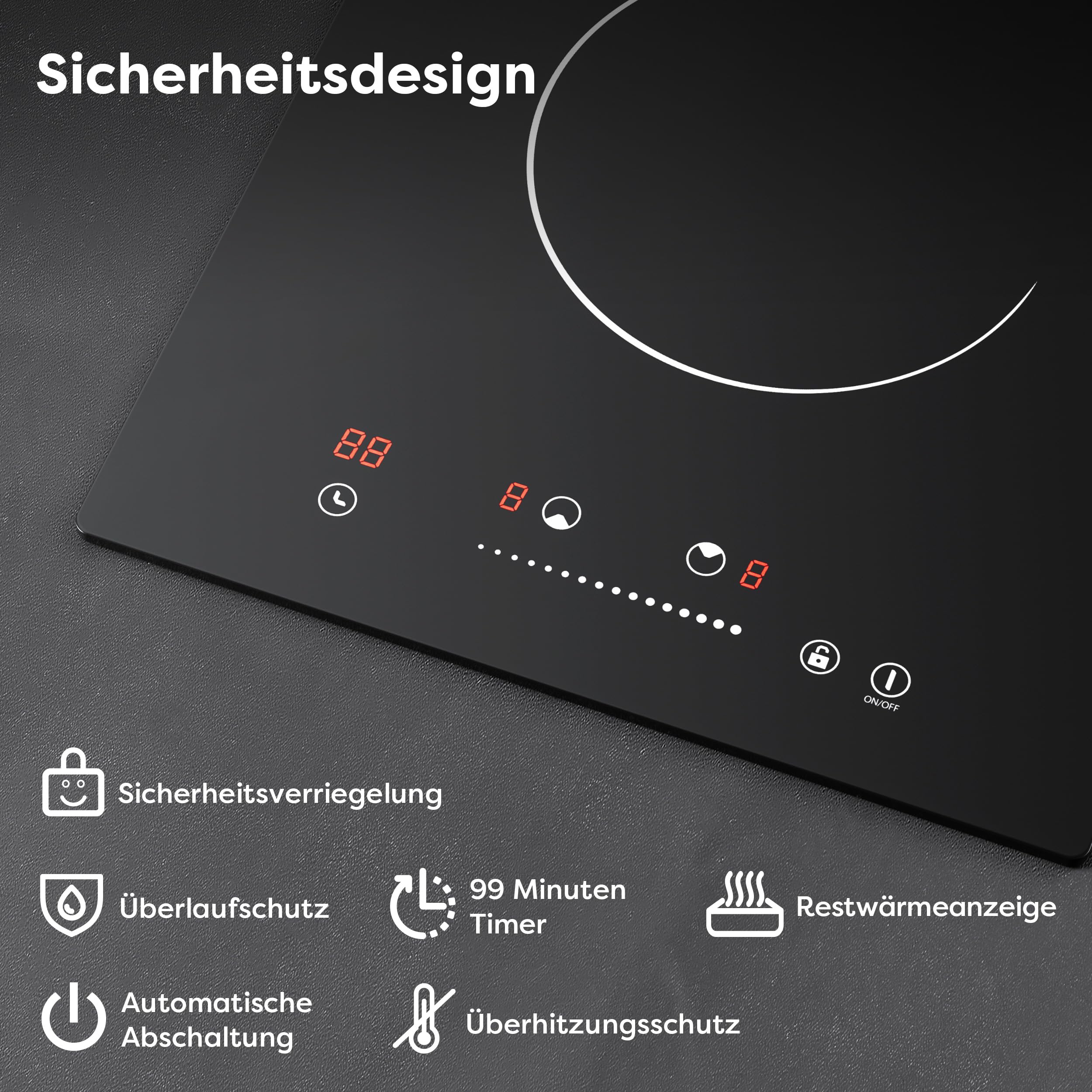 CDV Glaskeramikkochfeld 2 Platten, 3000 W, Einbaufähiges Elektrisches Kochfeld, 30 cm, 9 Leistungsstufen, Timer, Sicherheitsverriegelung