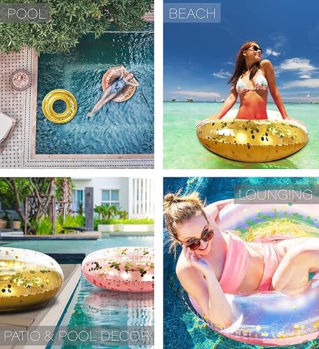 Miniatura 3 de Mozlly Paquete de 2 flotadores inflables de oro y oro rosa para piscina, flotadores de anillos de natación de confeti de alta calidad (36 pulgadas),