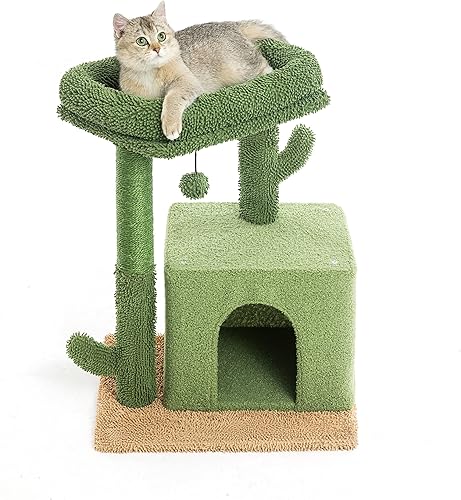 Árbol pequeño para gatos con poste rascador cubierto de sisal para gatos de interior, gatos pequeños solo verde