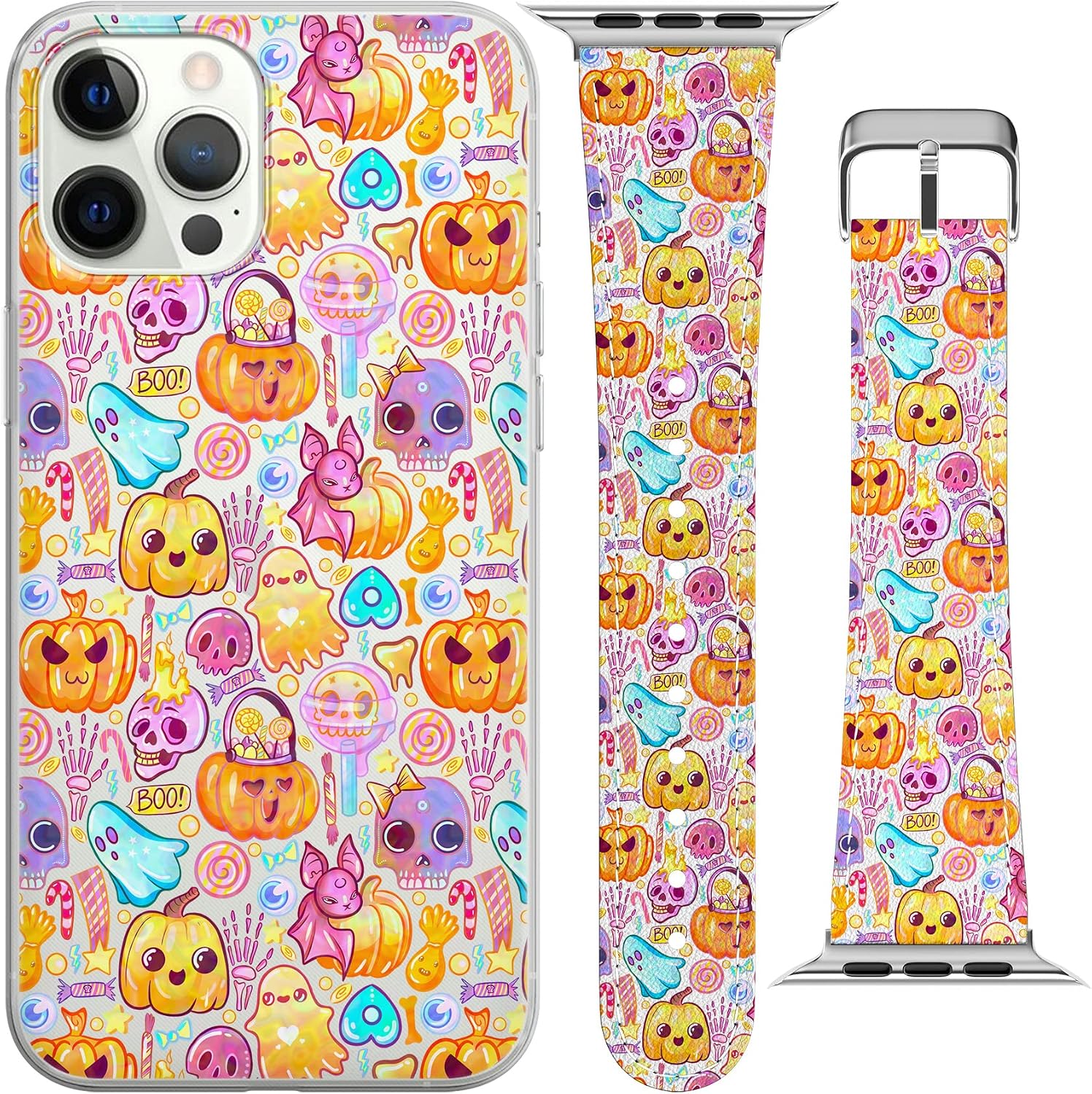 Wrist Band Compatible for Apple Watch Series 7/6/5/4/3/2/1/SE & Matching Phone Case Bat Boo Trick or Treat Candy Print PU Leather Spooky Bracelet Sweets Cute Replacement Strap 38-40-42-44 mm image 2