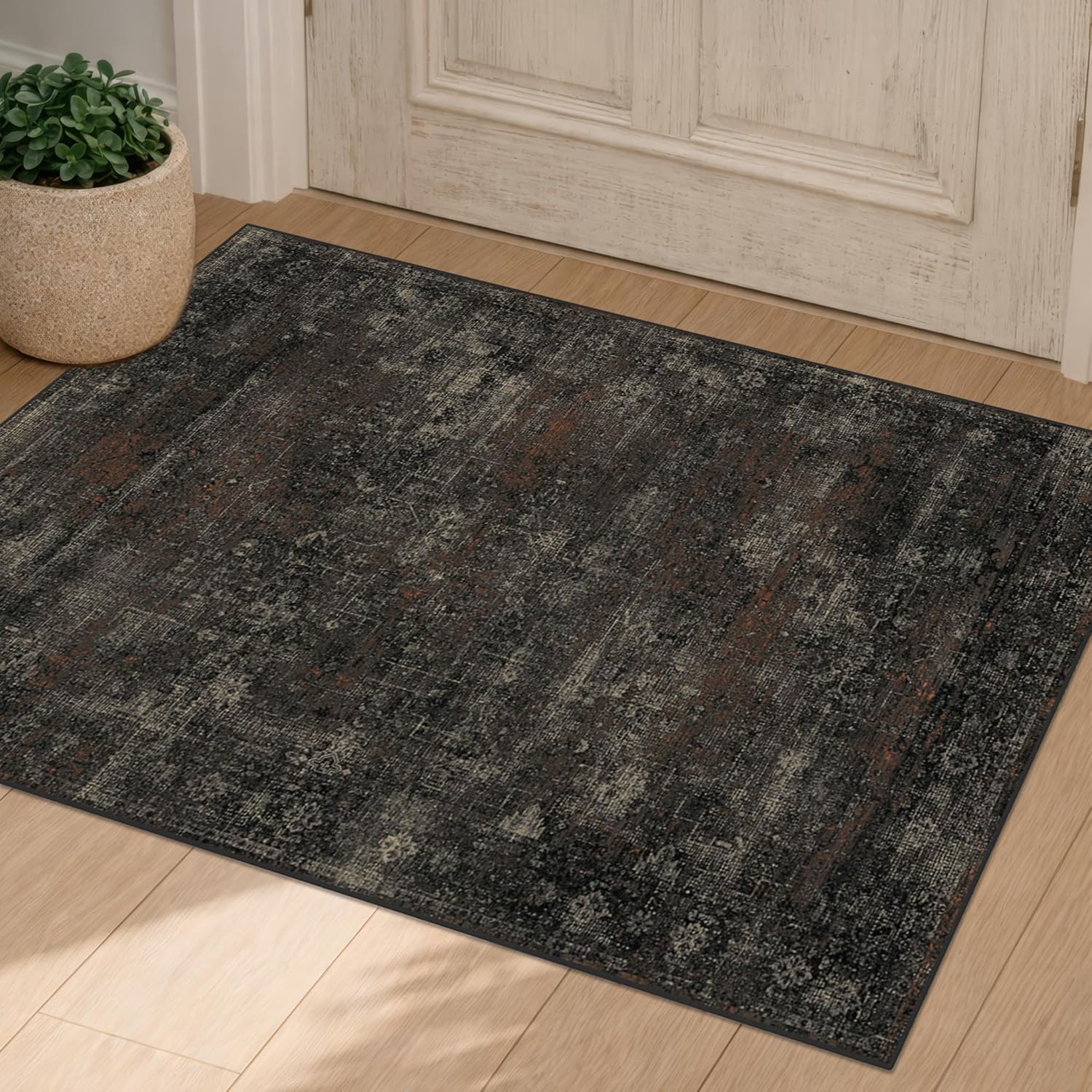 Black 2x3 Washable Entry Rug, Non Slip Small Rugs for Entryway, Stain Resistant Low Pile Floor Mat for Front Door, Kitchen, Bathroom & Laundry Room, Farmhouse Volcanic Charcoal