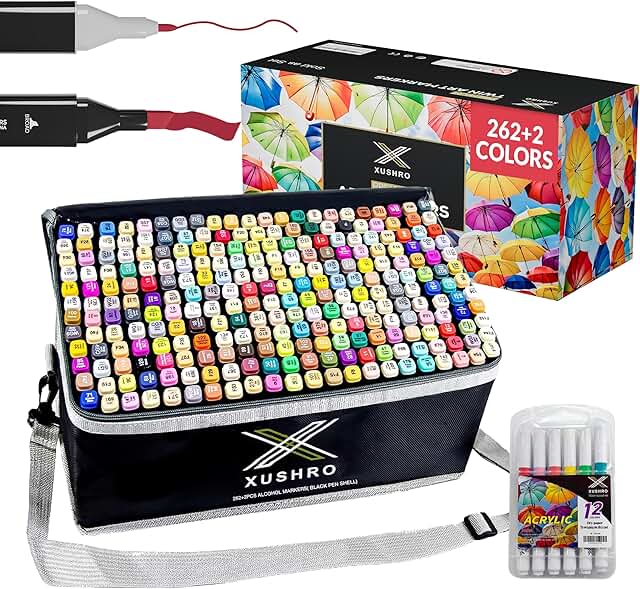 262+2 Piece Dual Tip Alcohol Markers Set with 12 Free Acrylic Paint Mark...