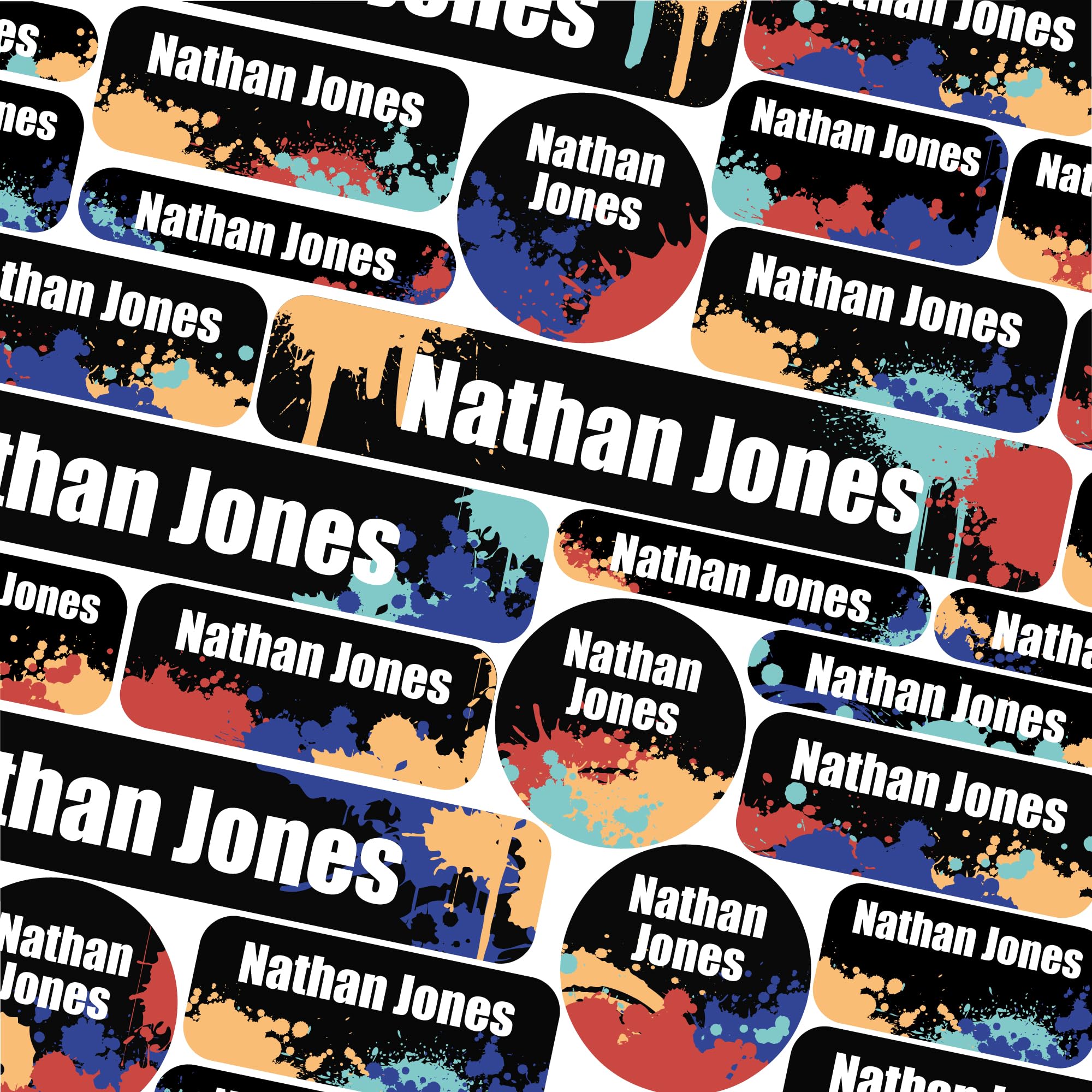 50 School Name Labels for Children No Iron Name Tags for Clothes Name Stickers for Water Bottles, Uniform, Secondary School, College, Care Homes, Washable and Dishwasher Safe (Paint Splatter)