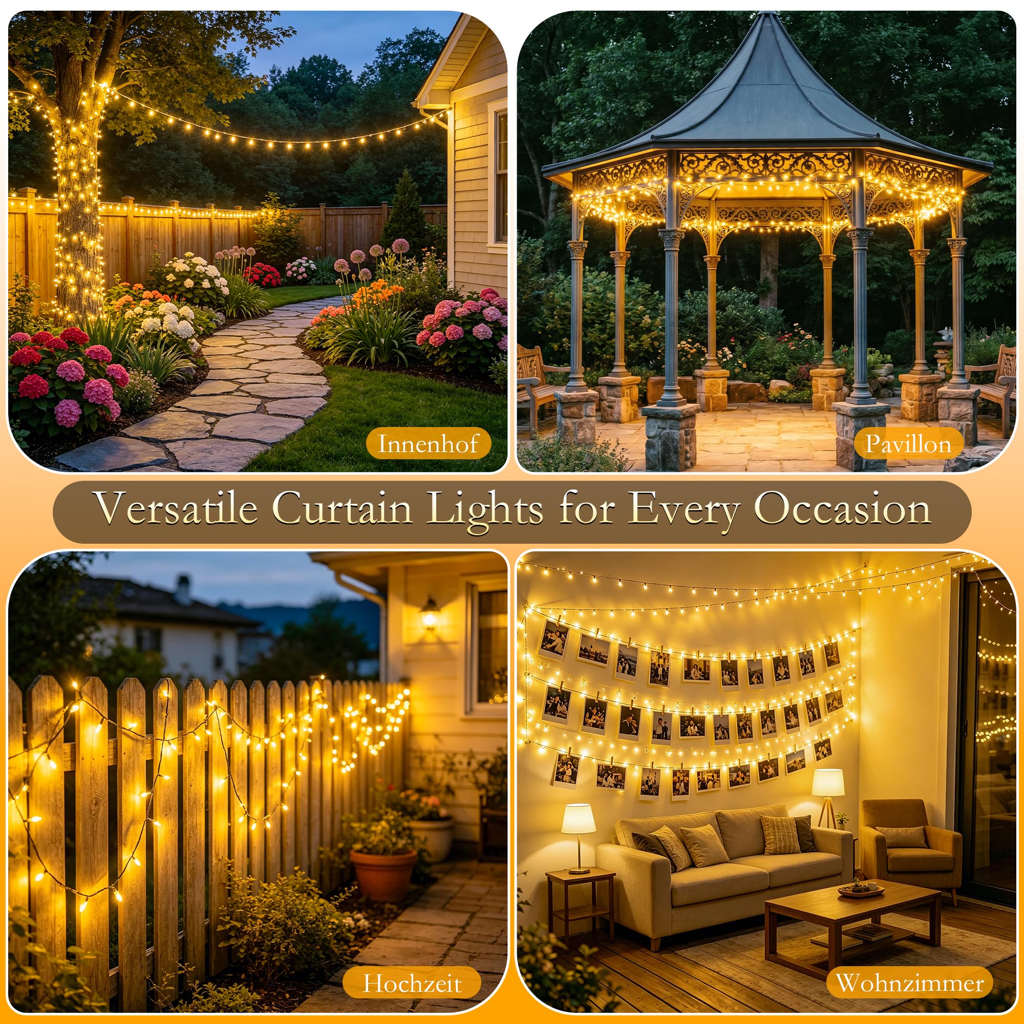 Cadena de luces para exteriores, blanco cálido, 25 m, 500 LED con cable verde, IP44, impermeable, regulable, 8 modos, temporizador y mando a distancia, cadena de luces para jardín, balcón