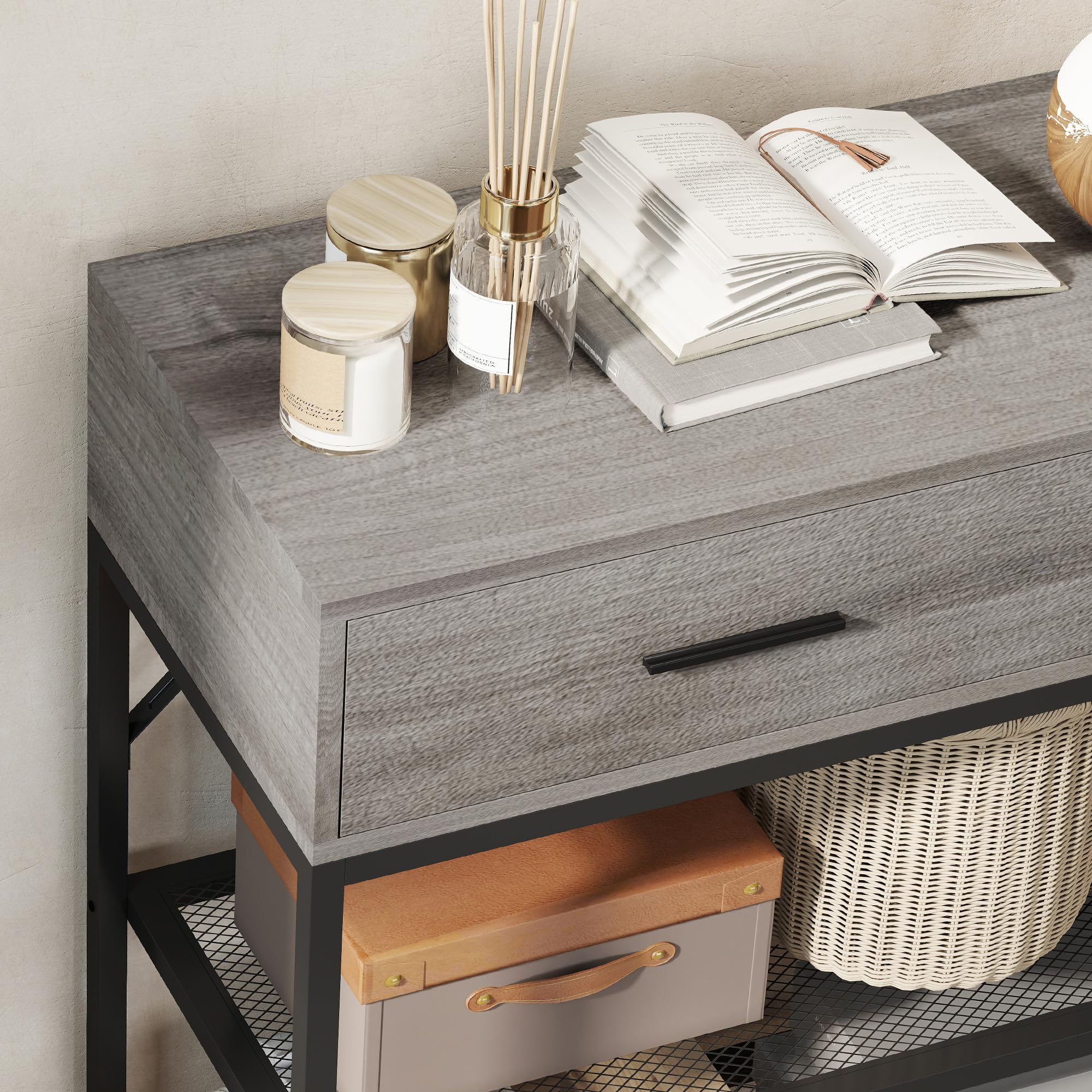 HOMCOM Consolle Ingresso con 2 Cassetti, 2 Ripiani in Rete e Gancio Laterale, Tavolo Consolle in Legno e Metallo, Tavolino Ingresso per Camera da Letto, 100x35x92 cm, Color Legno Grigio Chiaro
