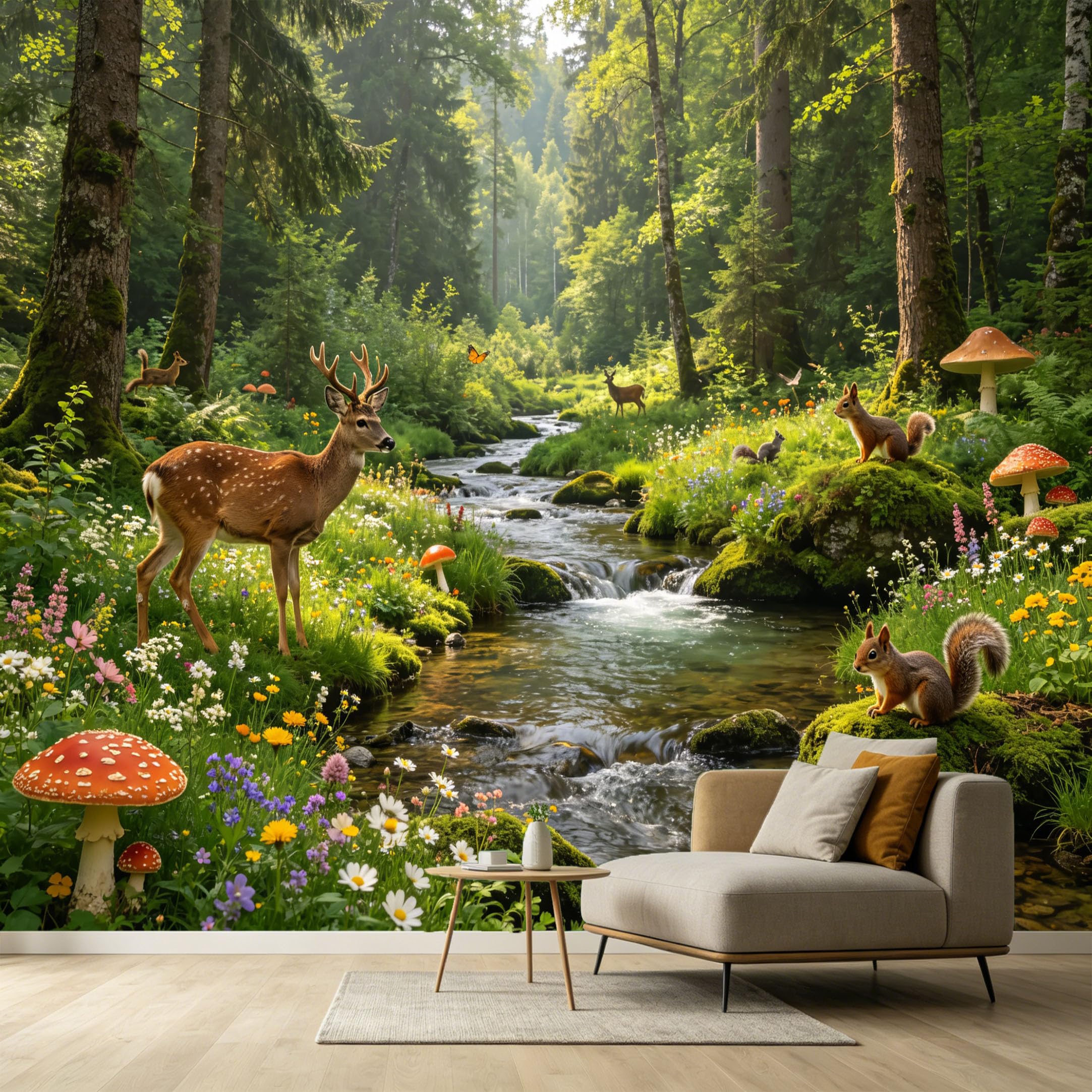 Custom Size Wall Murals Forest Landscape Deer Wildlife Stream Wildflowers Mushrooms SelfAdhesive Wall Fabric Removable Large Wallpaper for Photo Living Room