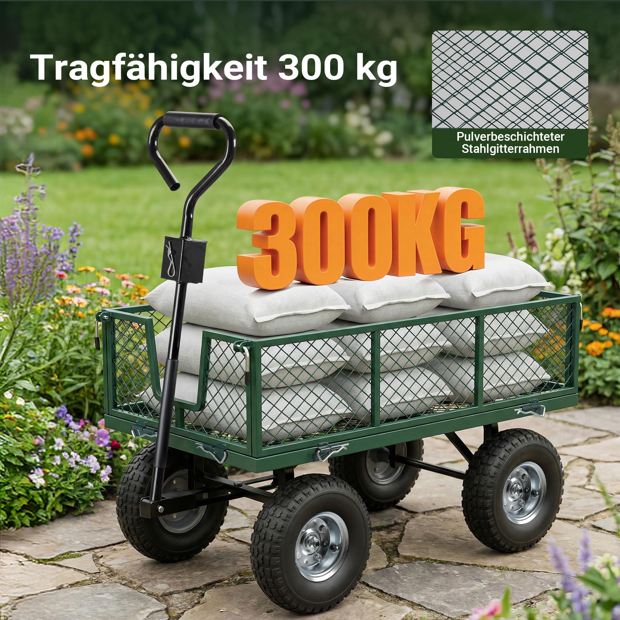Wiltec Transportwagen bis 300 kg mit Metallgittern, Gartenwagen mit Abnehmbarer Plane, Bollerwagen mit Luftreifen, Handkarren für u. a. Rasen u.Kies