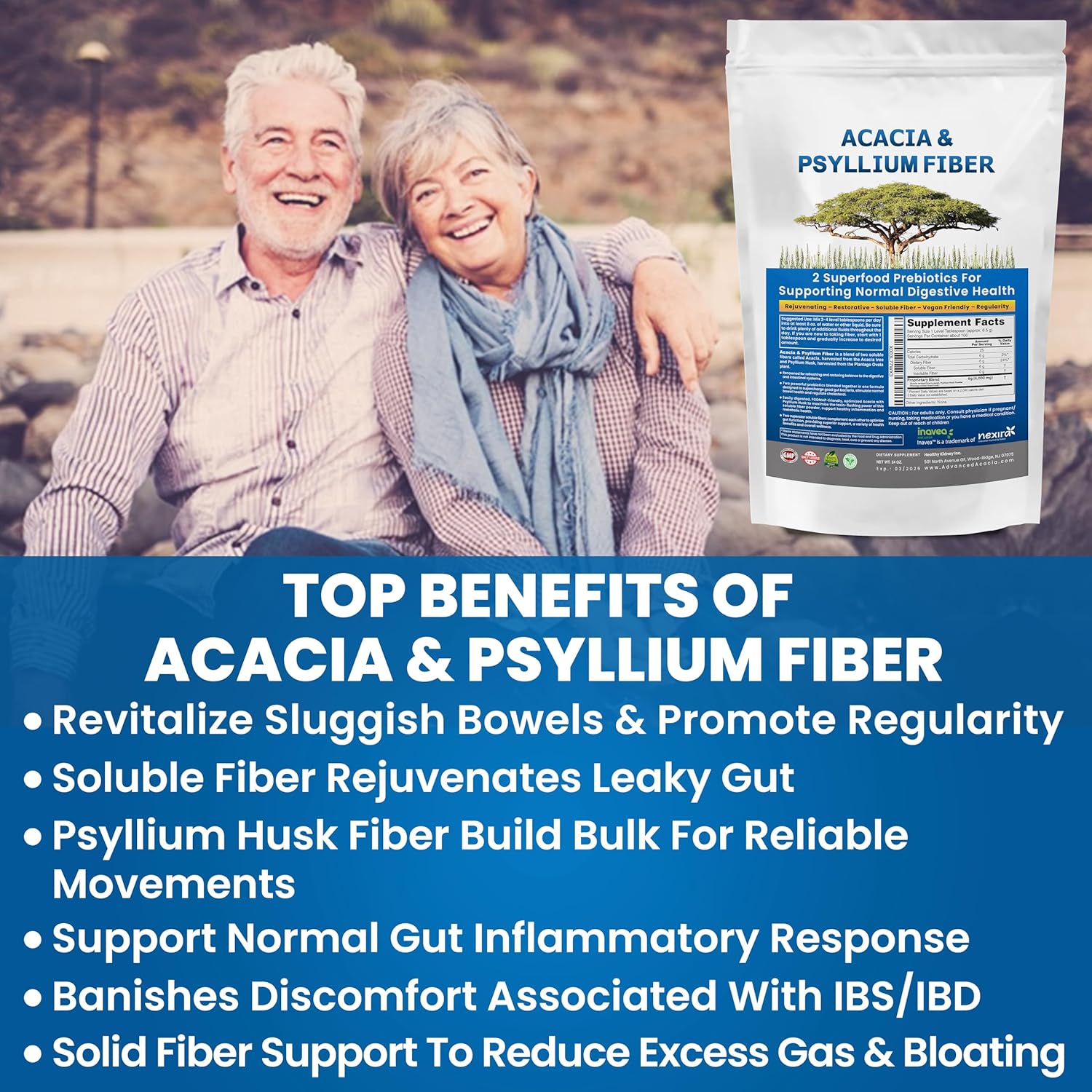 Kidney Restore Organic Acacia & Psyllium Husk Fiber Powder – Prebiotic & Natural Supplement – Soluble Acacia & Psyllium Husk Powder – 1.5 lbs (48oz), 2 Packs