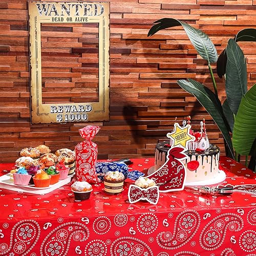 Miniatura 5 de Tatuo Mantel rectangular de plástico con estampado de cachemira para fiestas temáticas de vaquero occidental, 108 x 54 pulgadas (rojo, paquete de 12)