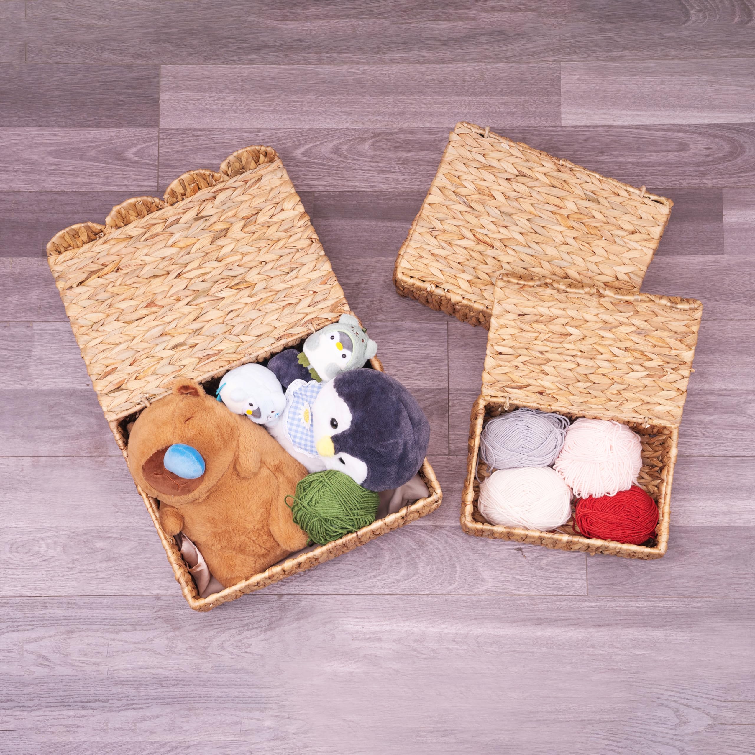 Cesta de mimbre con borde festoneado con tapas, cesta de almacenamiento rectangular de mimbre con asas integradas, organizador multiusos cajas de exhibición de ratán para estante, cuarto del 4