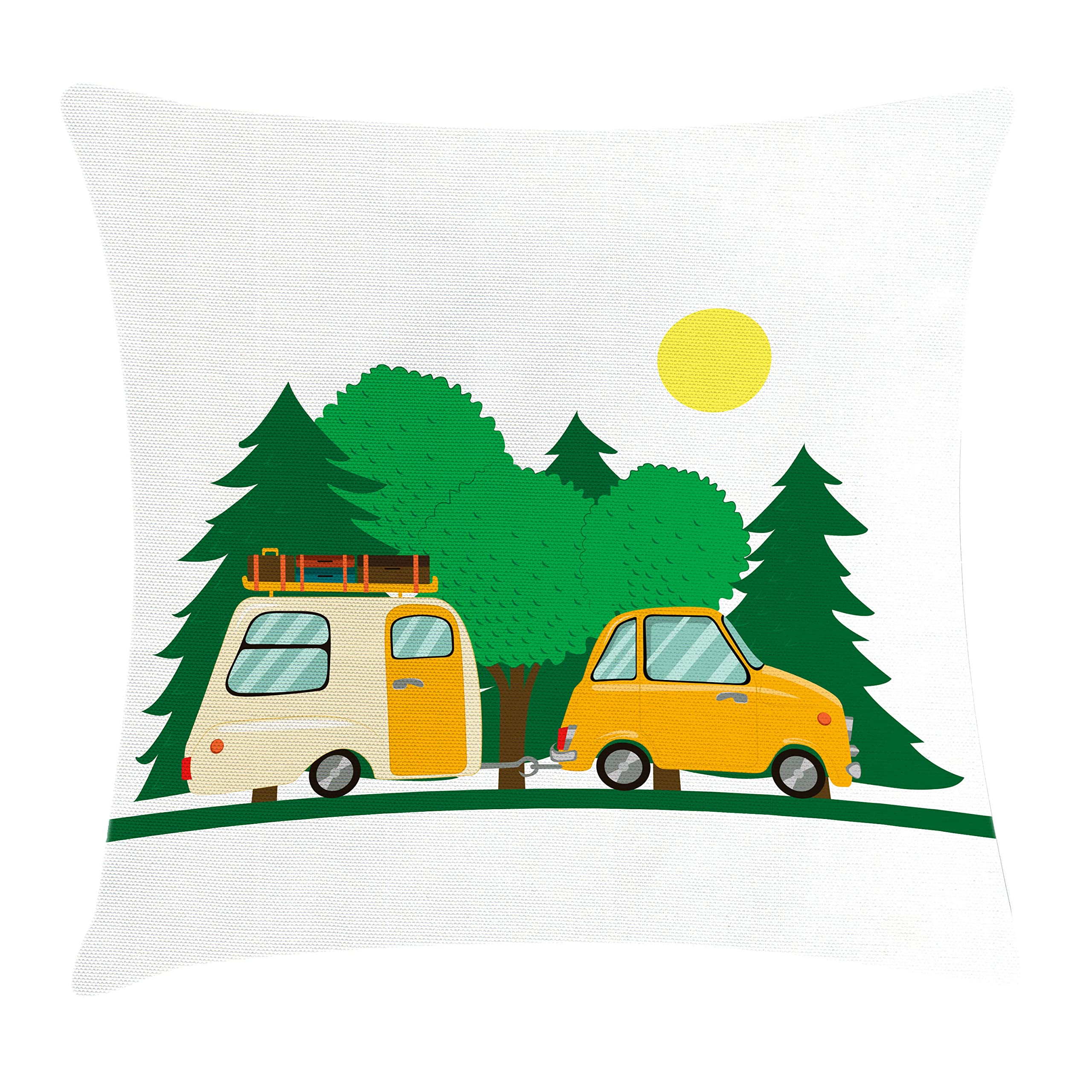 Ambesonne 60's Throw Pillow Cushion Cover, Camping Theme Cartoon Car with Trailer Riding on Road Trees Cottagecore Art, Decorative Square Accent Pillow Case, 24