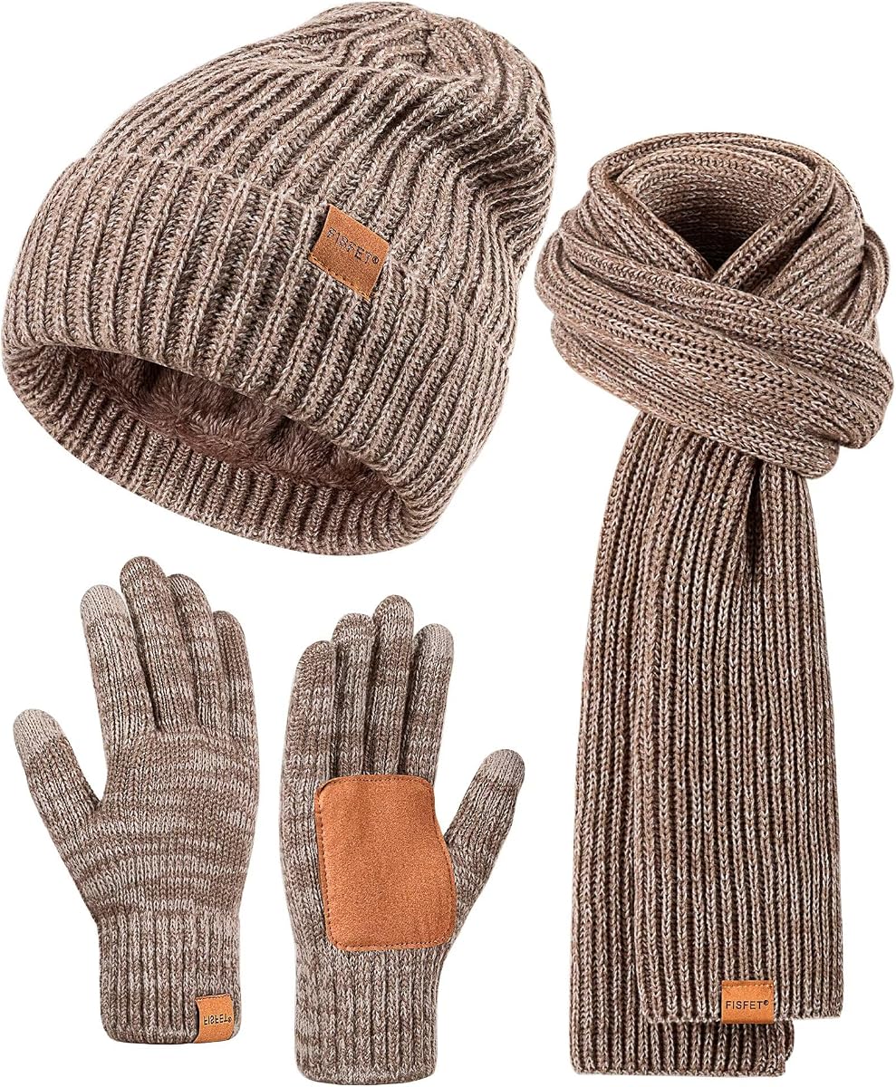 Winter Hat Gloves Scarf Set for Men Women, Mens Beanie Long Scarf Touchscreen Gloves for Cold Weather, 3 in 1 Warm Gift Set