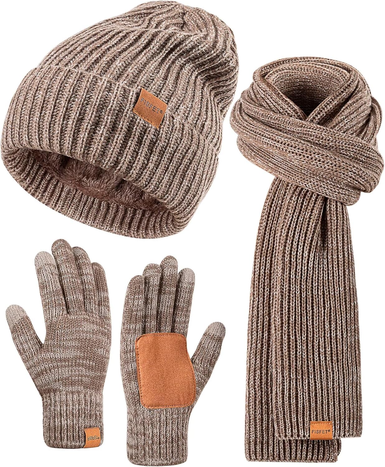 Winter Beanie Hat Gloves Set for Men Women, Hats for Men Touchscreen Gloves for Cold Weather, Fashion 3 in 1 Winter Warm Set(Mix-Khaki)