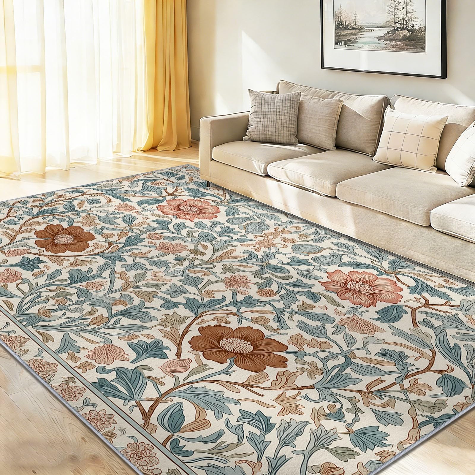 Tapis salon 60 x 90 cm beige antidérapant et lavable à poil ras rustique