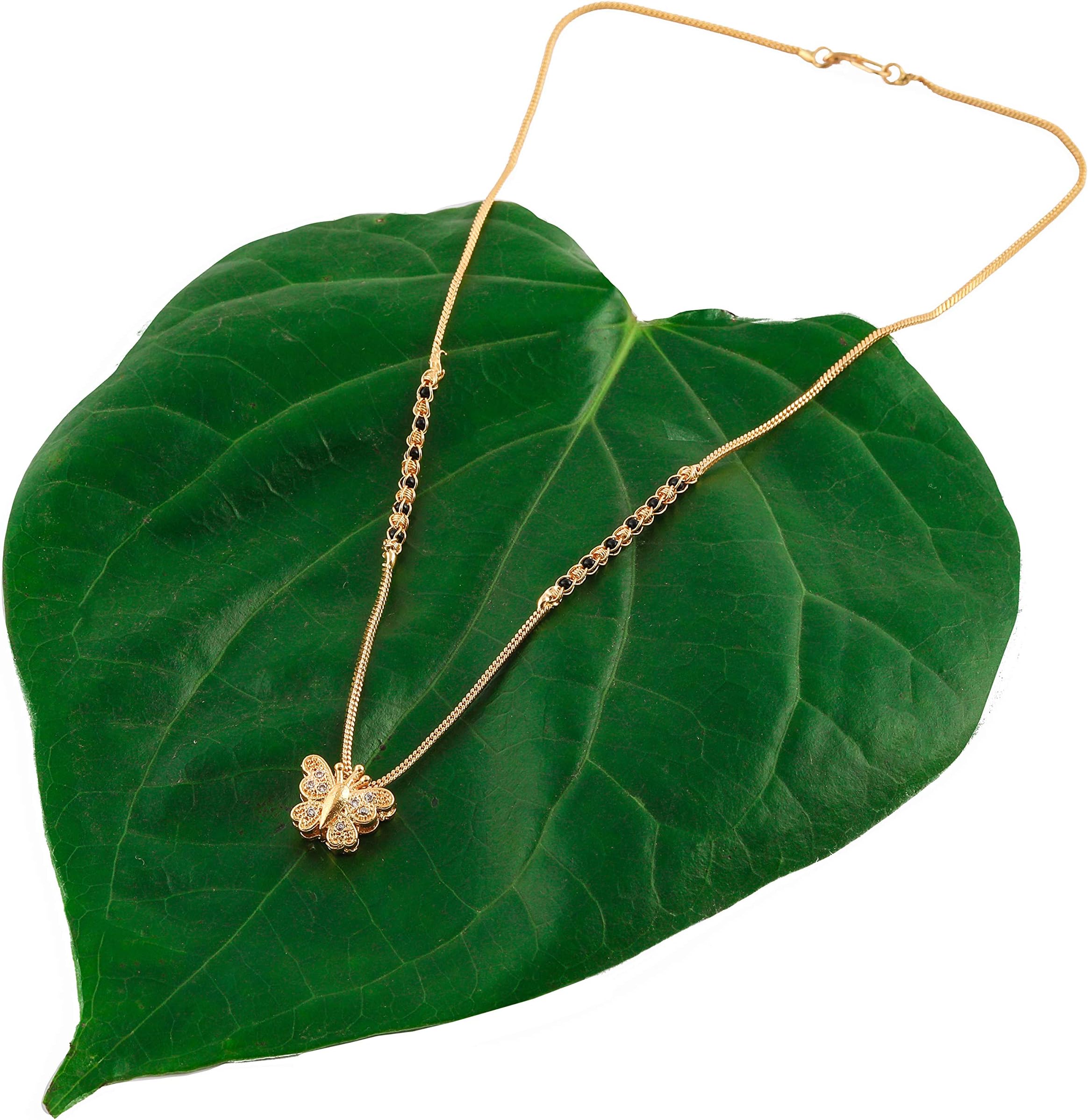 Brado Jewellery Gold Plated American Diamond Butterfly Shape Mangalsutra Tanmaniya Nallapusalu Necklace Pendant Black Bead Golden Chain for Women & Girls (Yellow)
