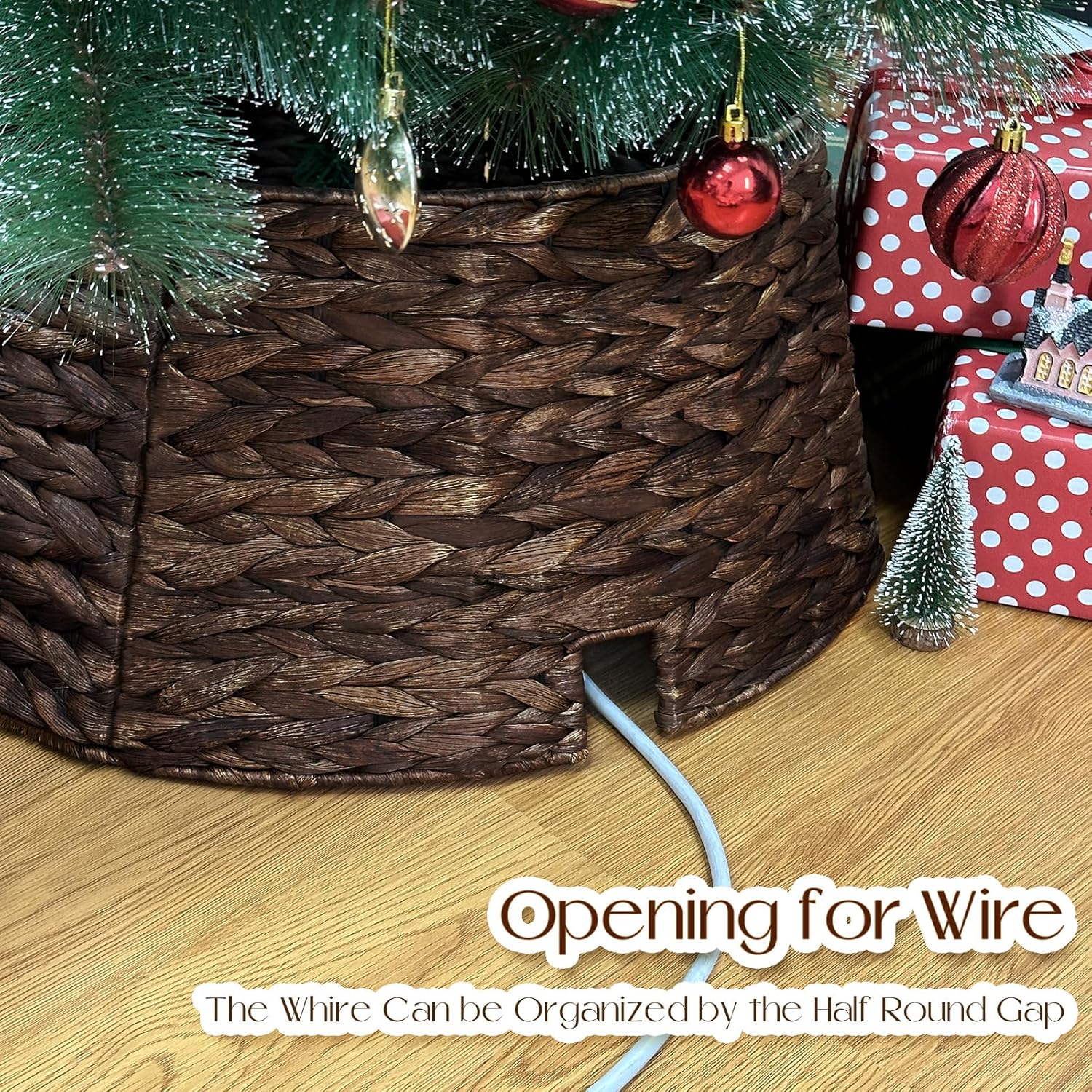 AerWo 22in Christmas Tree Collar - Woven Wicker With Cord Cut-Out, Rustic Handcrafted Skirt for Pencil and Artificial Trees, Easy Storage Ring