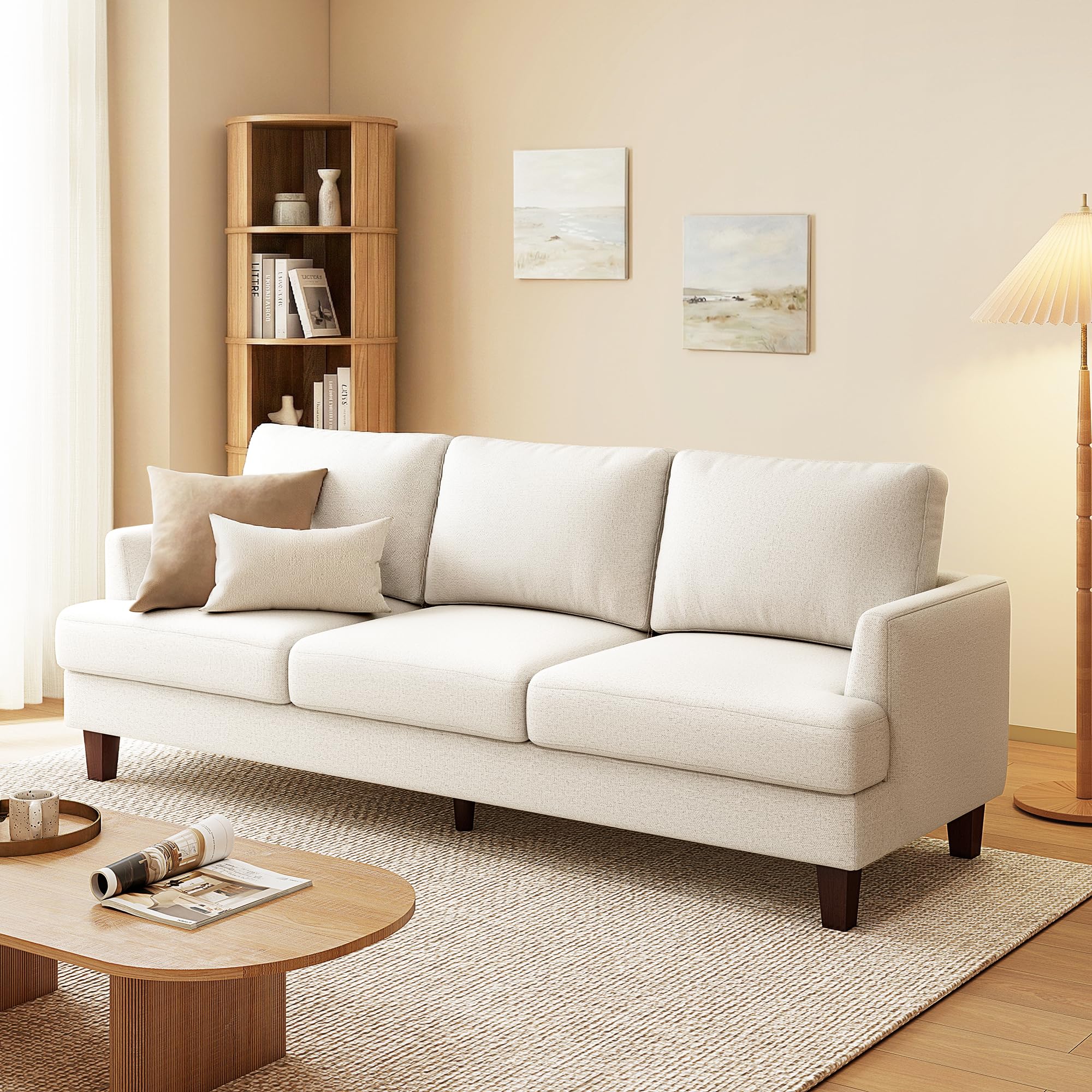 Gericco Mid Century Modern 89" 3-Seater Couch for Living Room, Beige | Linen Upholstered Deep Seat Sofa, Comfy 3-Seat Couch Fits Spaces for Living Room Apartment Office Bedroom