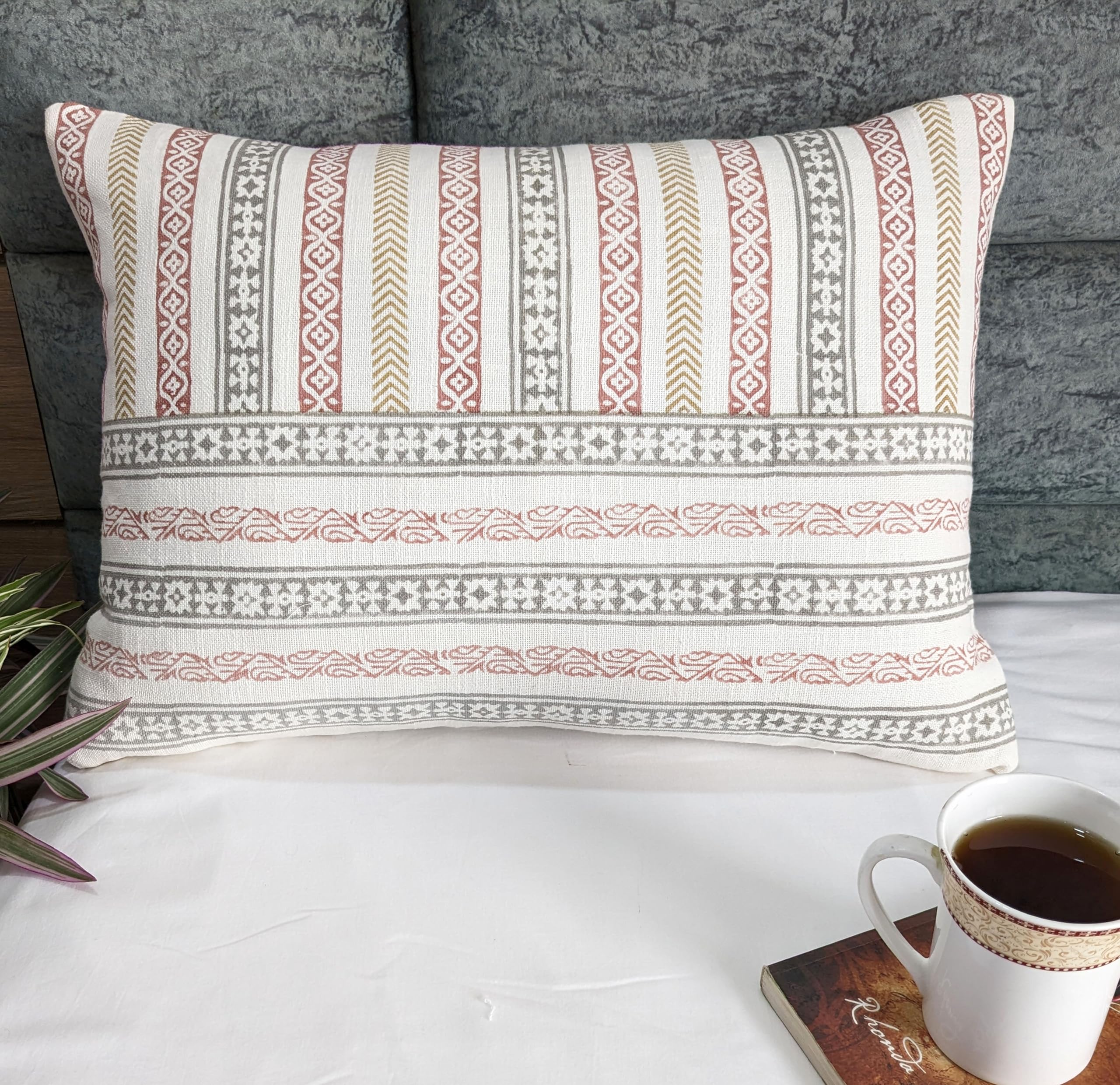 MODERN OASIS Geometrical Striped Printed Cushion Cover - Dusty Rose Pink, Grey & Mustard, 14x20 Inch Rectangle Decorative Cover, 1 Pcs-picture-19