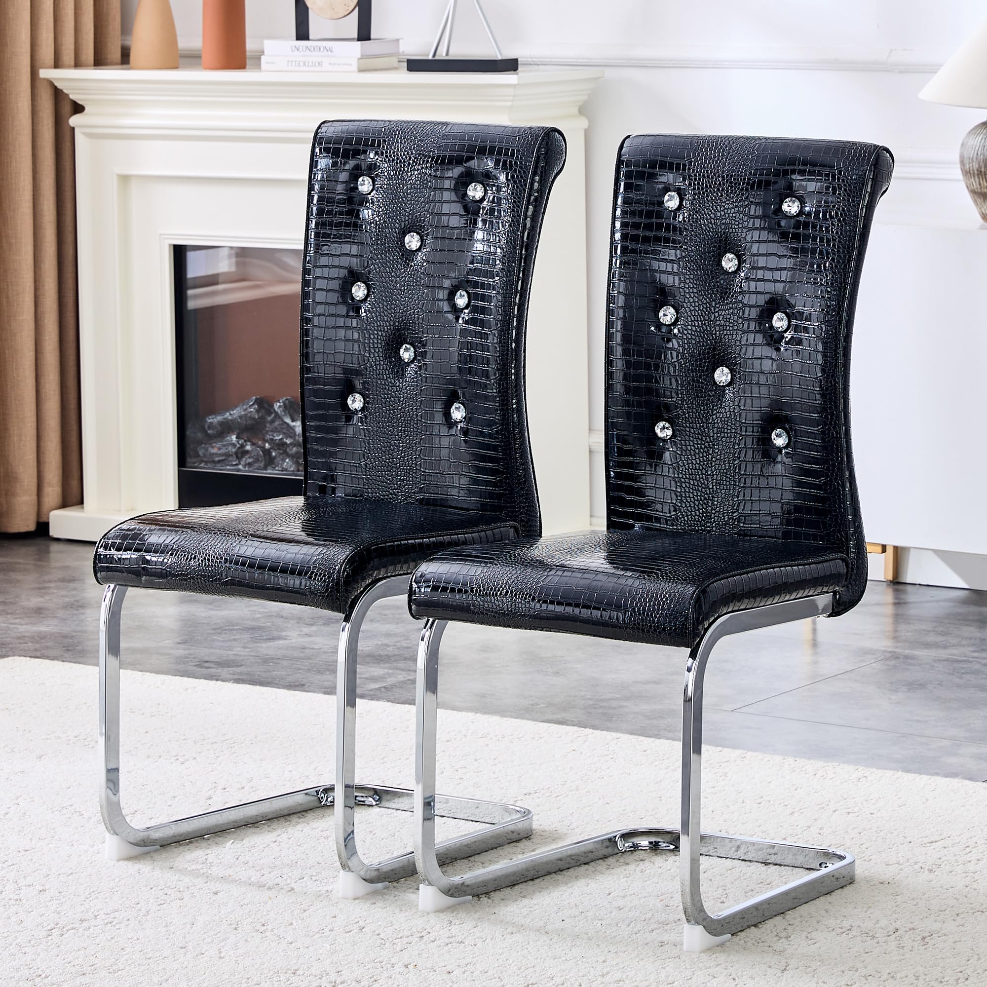 Chaises de salle à manger en PVC noir au design croco prestigieux et cristal