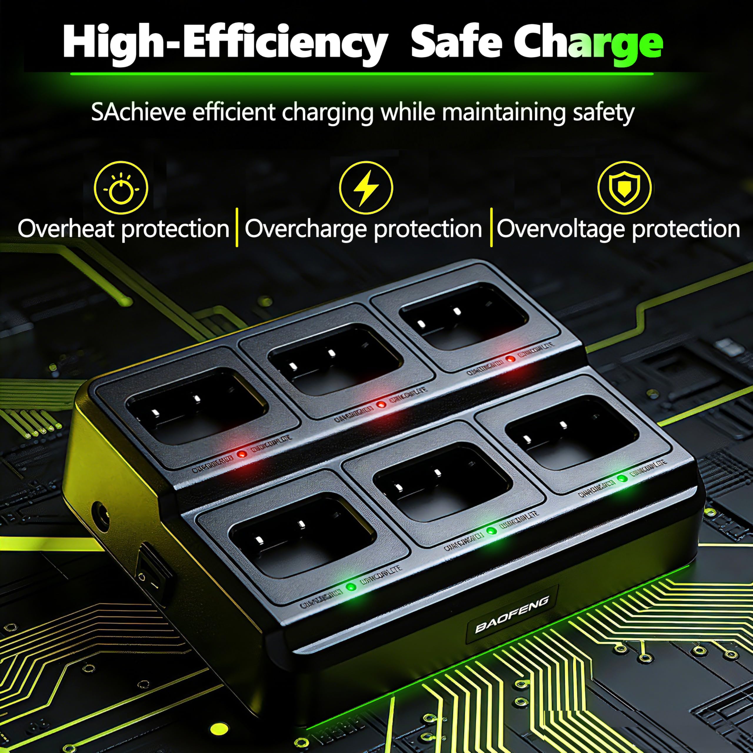 BAOFENG Cargador UV5RM de seis vías para estación de carga rápida AR-5RM/UV5RH Multi Unit con protección de sobrecarga y luces LED, ahorro de espacio Walkie Talkie y base de carga de batería