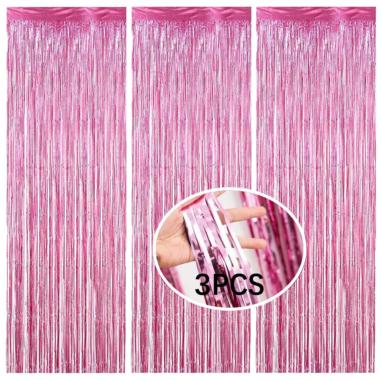 3Pcs Pink Tinsel Foil Fringe Curtains Party Decorations Tinsel Curtains Streamers Backdrop 3.3ft *8.3ft Door Streamers Photo Booth Backdrops Foil Curtain for Birthday Party Backdrop Decorations