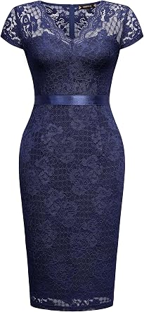 Miusol Women's Retro V Neck Elegant Floral Lace Short Sleeve Cocktail Dress