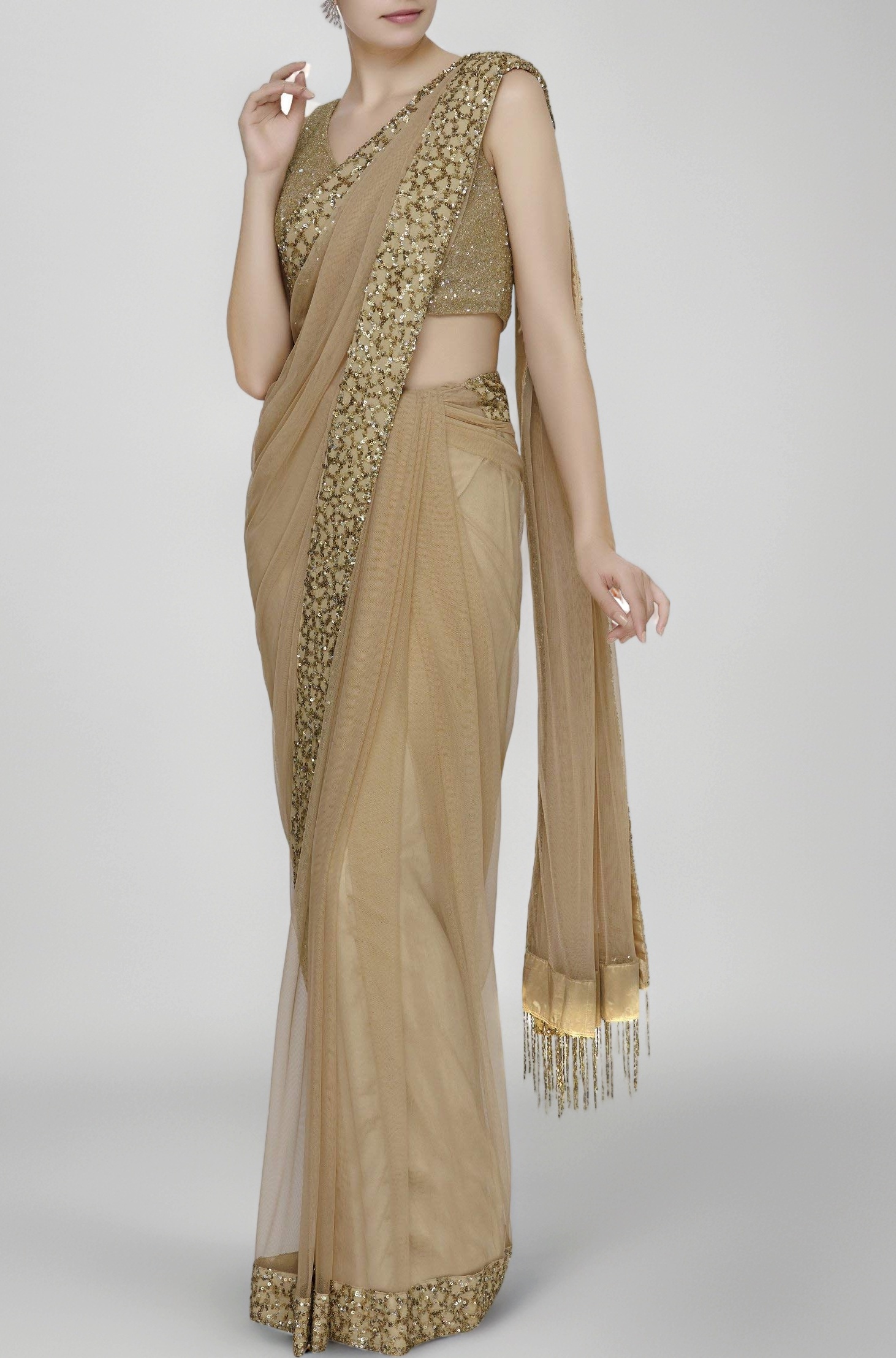 ROYAL COUTURE Women Net Saree (_Beige)