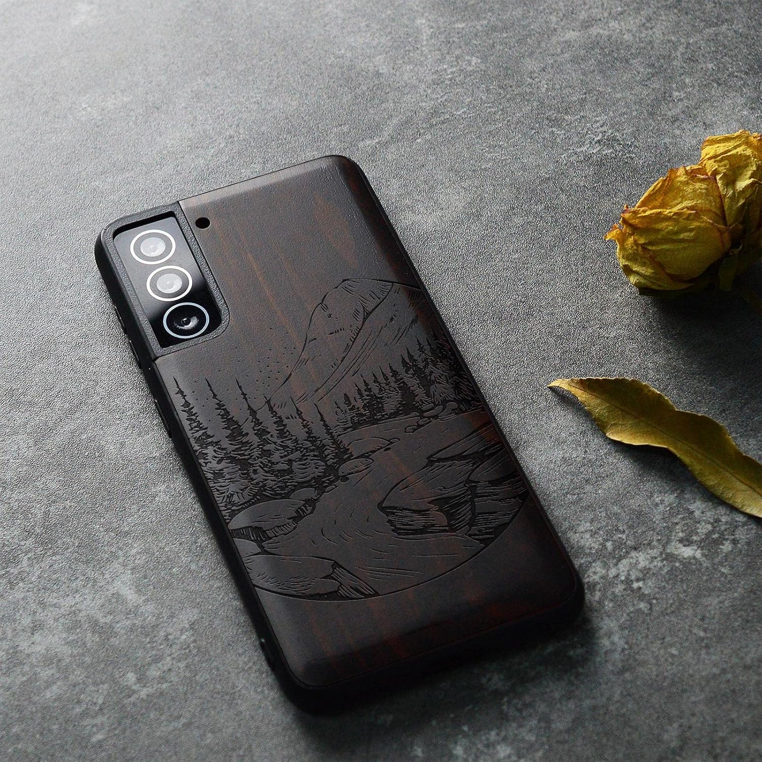 Carveit Wood Case for Galaxy S22 - Natural Wood & Black Soft TPU Shockproof Protective Cover - Unique Wooden Design Compatible with Samsung S22 (Natural Landscape-Blackwood)