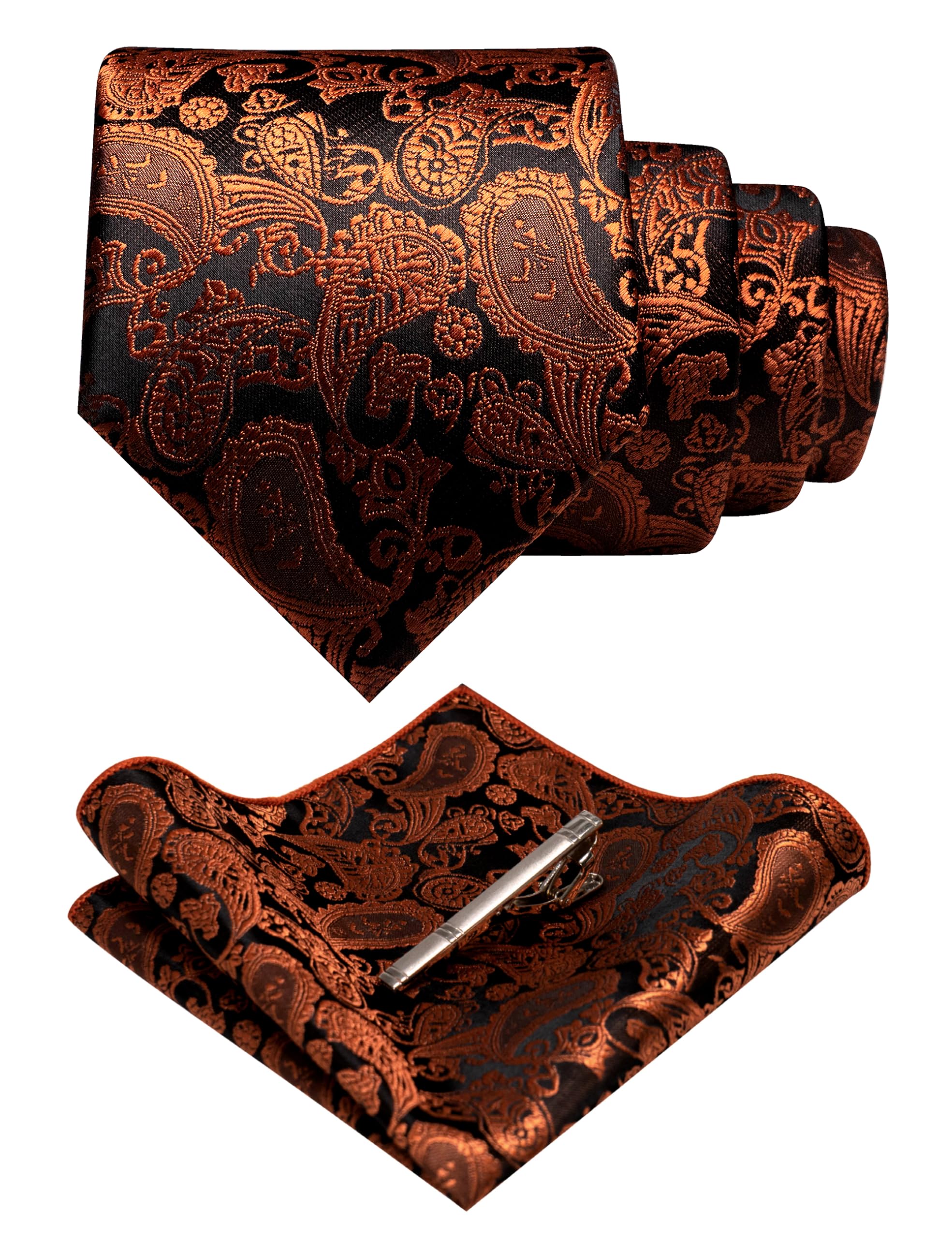 JEMYGINS Mens Solid Color Paisley Necktie and Pocket Square with Tie Clip Sets