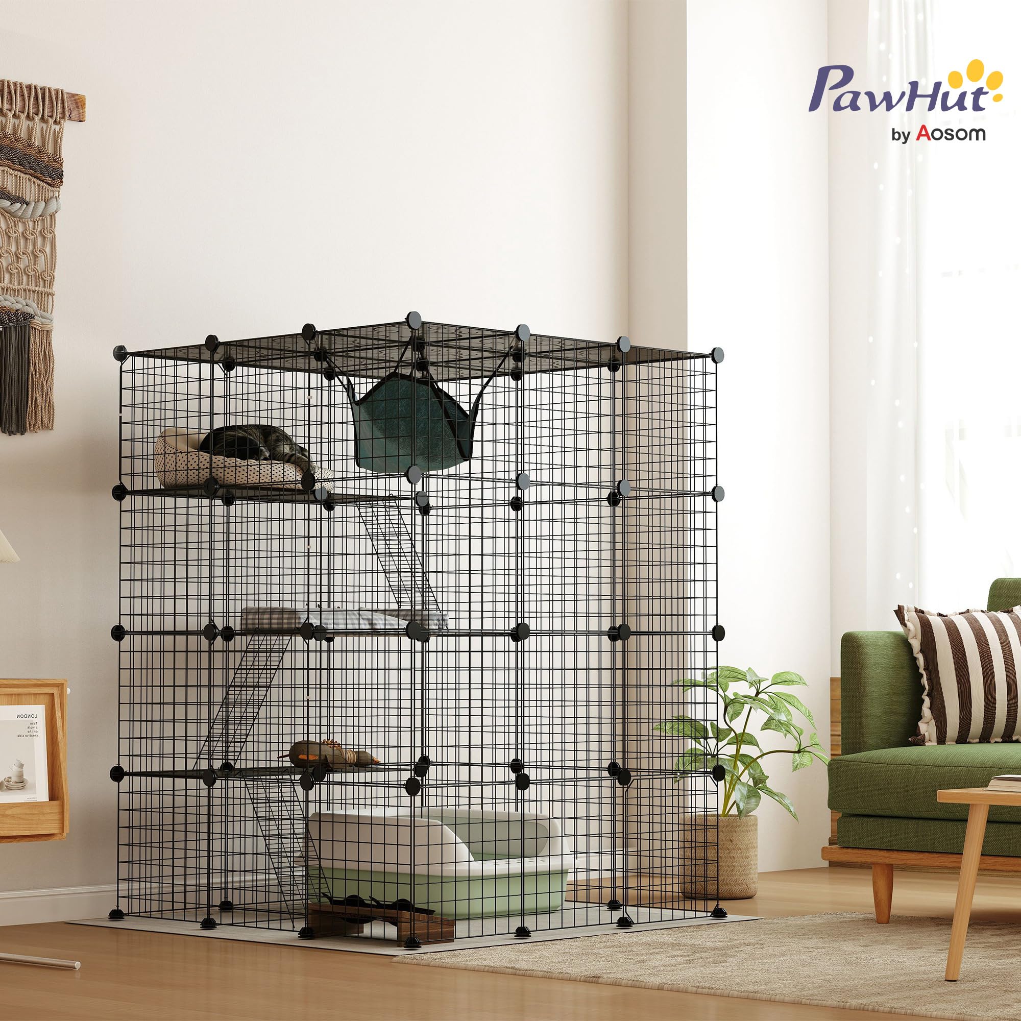 PawHut Gabbia per Gatti Modulabile a 4 Livelli con Rampe, 3 Piattaforme di Salto e 5 Porte, Casetta per Gatti con Tappetini Antiscivolo e Amaca in Acciaio e PP, per 1-3 Gatto, 105x105x140 cm, Nero