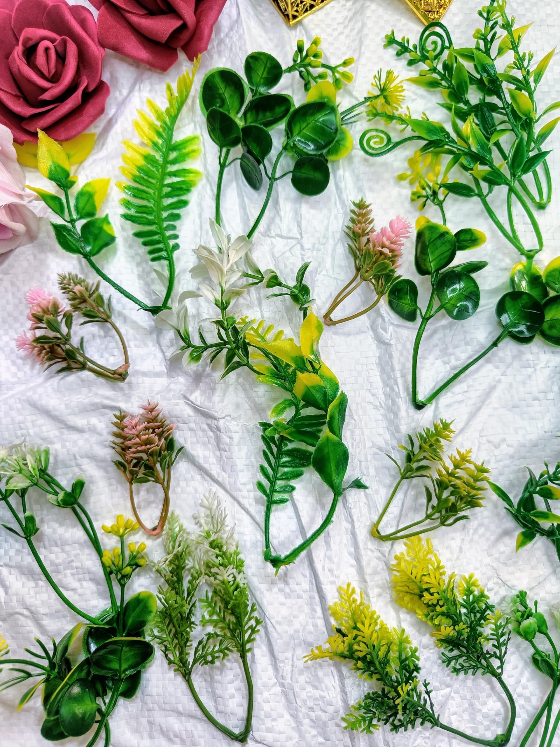 VRB DecTM 50 PCS Artificial Plants, Plastic Shrubs Faux Flowers Fake Grass Leaves Simulation Greenery Bushes Indoor Outdoor Home Garden Office Yard Wedding Decoration Planter Filler (Pack of 50 Pcs)