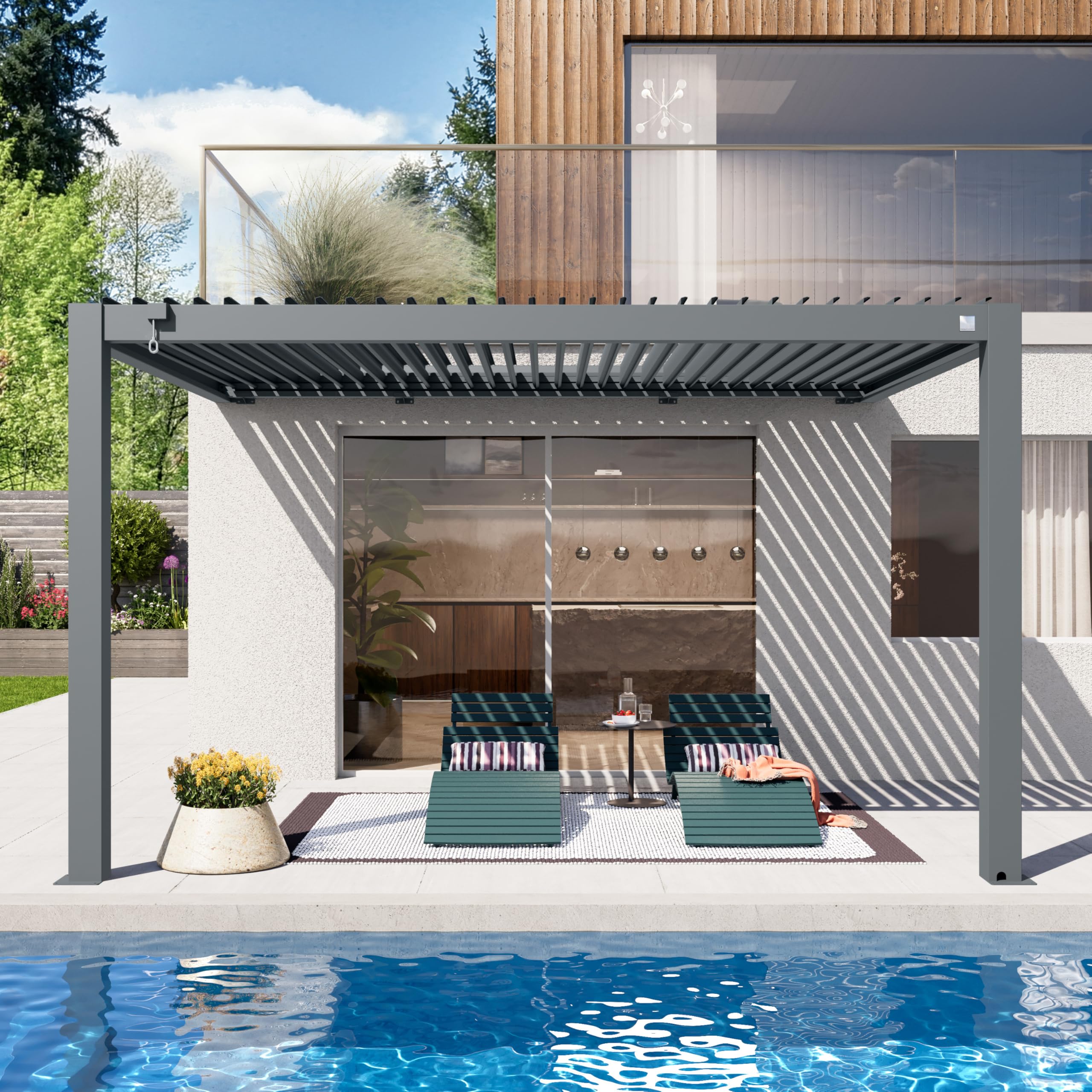 PRIMEYARD Pergola addossata 3x4 m montanti in alluminio con tetto a doghe in alluminio pergola a muro color antracite