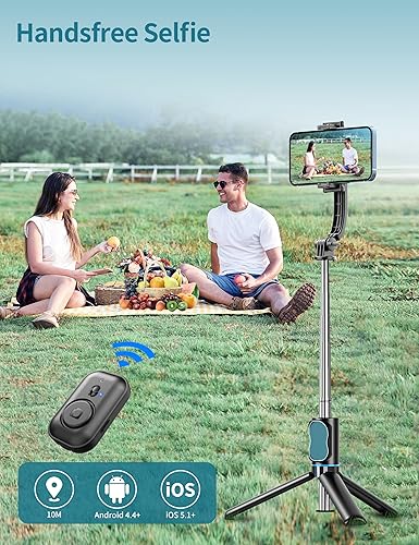 Miniatura 15 de Trípode para selfie stick de 42 pulgadas con luz de relleno, soporte extensible para teléfono todo en 1, trípode de viaje con control remoto Negro