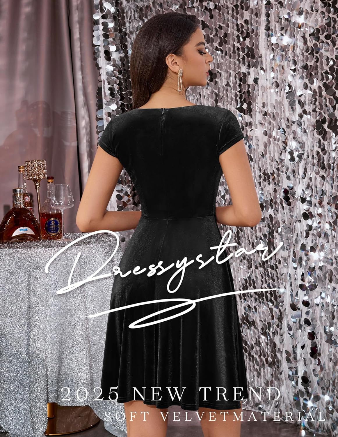 Dressystar Women's Velvet Cocktail Party Formal Dress Cap Sleeve A Line Fall Winter Vintage Rockabilly Dresses Prom Gown - Image 3