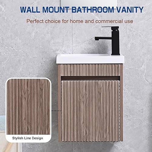 Miniatura 5 de USBATHJOY Combo de lavabo de baño de 16 pulgadas para espacio pequeño, juego de gabinete de baño montado en la pared con lavabo de resina blanca,
