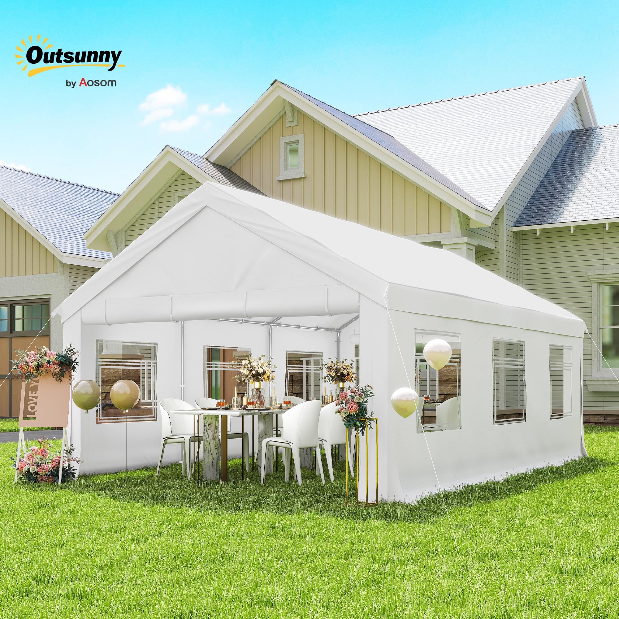 Outsunny Tendone per Feste 4x6 m con Pareti Laterali, Gazebo da Giardino in Acciaio Zincato a Caldo con 2 Porte a Cerniera, 6 Finestre, Corde, Gazebo da Esterno per Matrimoni Eventi, UV30+, Bianco