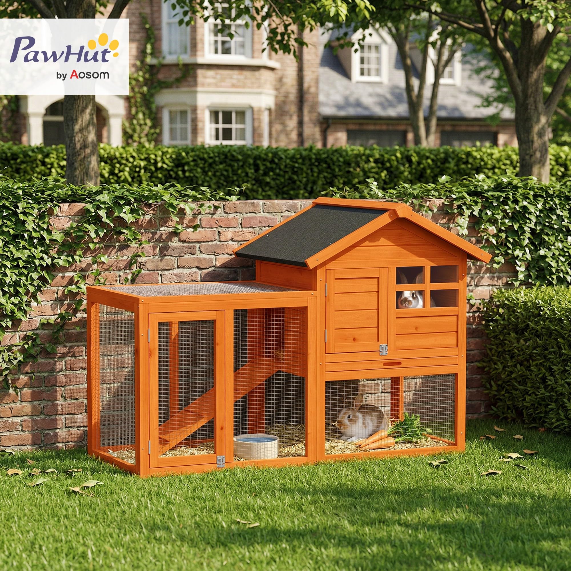 PawHut Conejera de madera de 2 niveles, 123,5 x 62,6 x 92,5 cm, con tejado de betún impermeable, rampa, puerta, jaula para conejos, pollos, patos, exteriores, color naranja