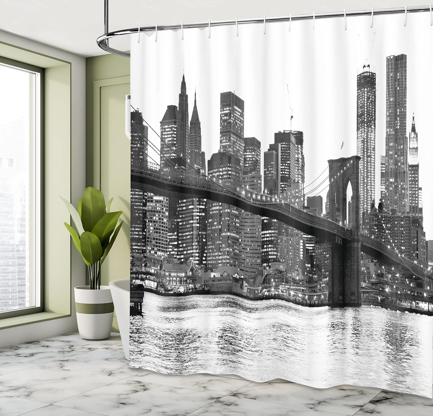 Ambesonne Modern Shower Curtain, Brooklyn Bridge Sunset Manhattan American New York City Famous Town Image, Cloth Fabric Bathroom Decor Set with Hooks, 69" W x 75" L, Black and White