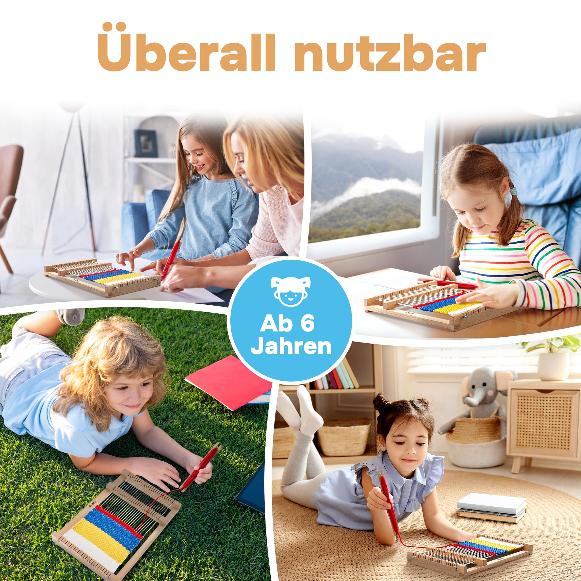 RICNEV® Webrahmen für Kinder |Hochwertiger Holz Webrahmen Komplett-Set inkl. vier Wollfarben, Kettgarn und Zubehör aus Holz Webbreite 15 cm | Schulwebrahmen für Anfänger