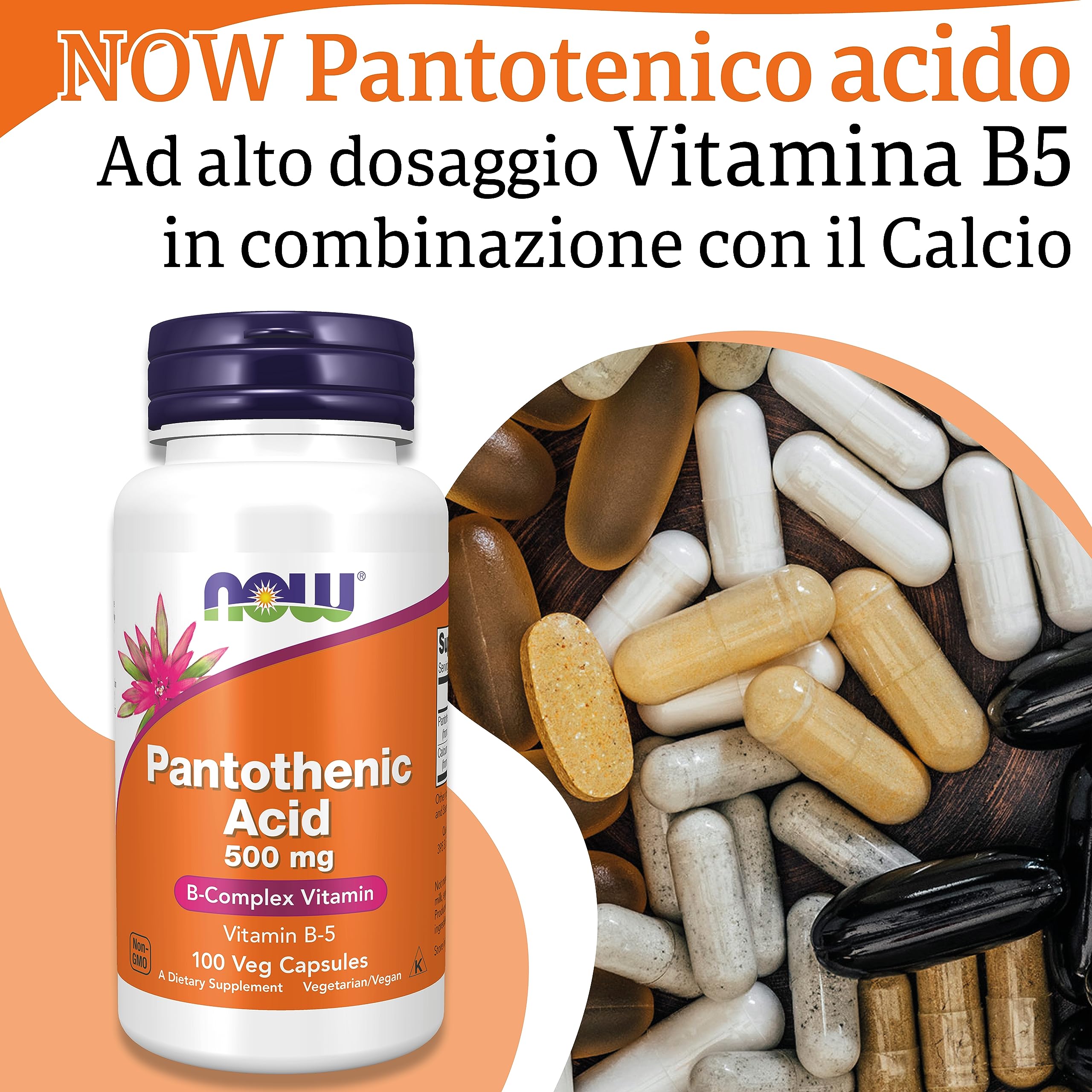 Now Foods, Pantothenic Acid (Acido Pantotenico), 500 mg, 100 Capsule vegan, Testato in Laboratorio, Vitamina B5, Dose Elevata, Senza Glutine, Senza Soia, Vegetariano