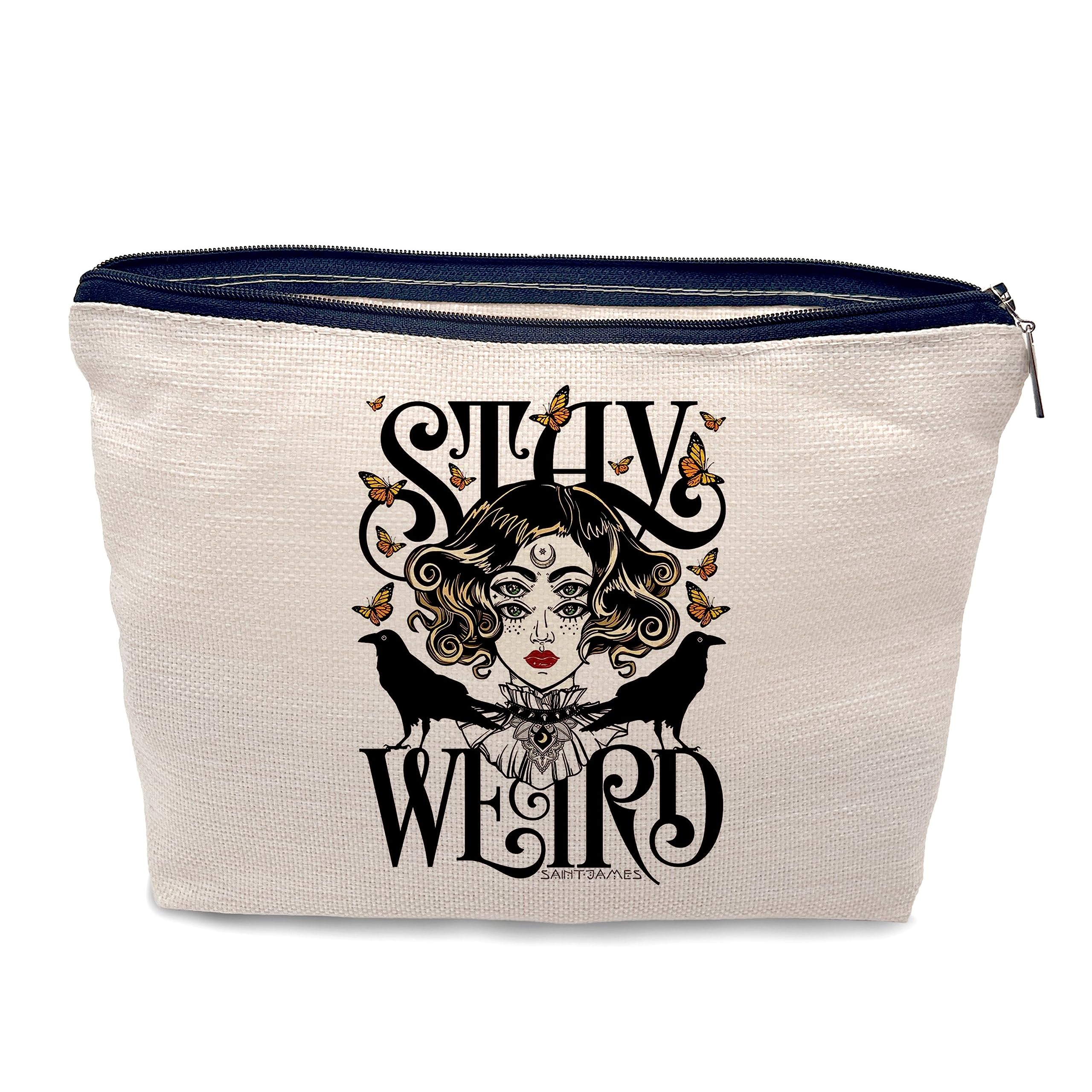 Nogrit Witch Makeup Cosmetic Bag,Stay Weird Witch Girl With Raven Butterfly Halloween Makeup Travel Toiletry Bag,Inspirational Gifts for Women Girls