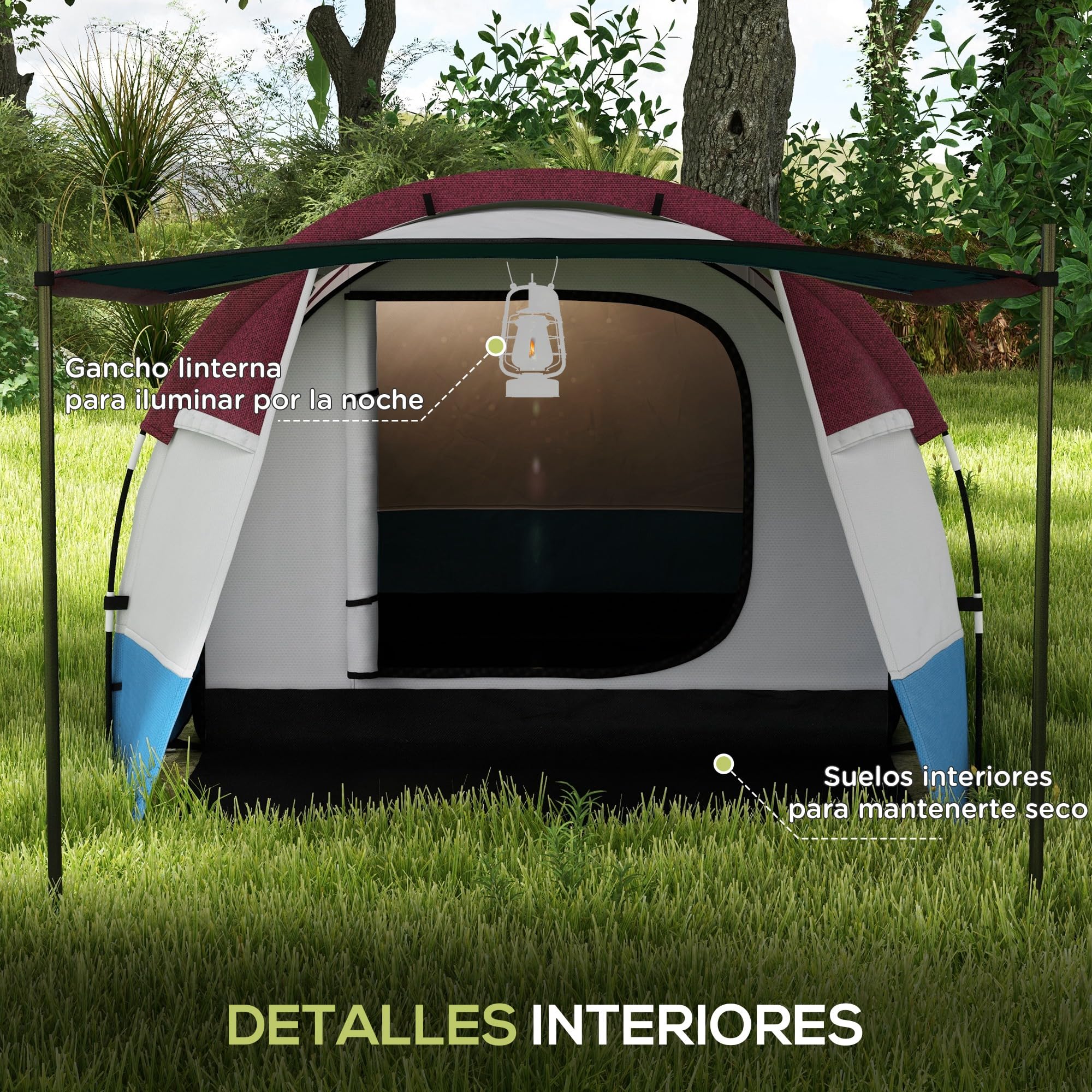 Outsunny Tienda de Campaña Familiar para 3 Personas Tienda Camping Plegable Ligera con 2 Habitaciones Bolsa de Transporte Impermeable 2000 mm para Playa Senderismo 420x200x150 cm