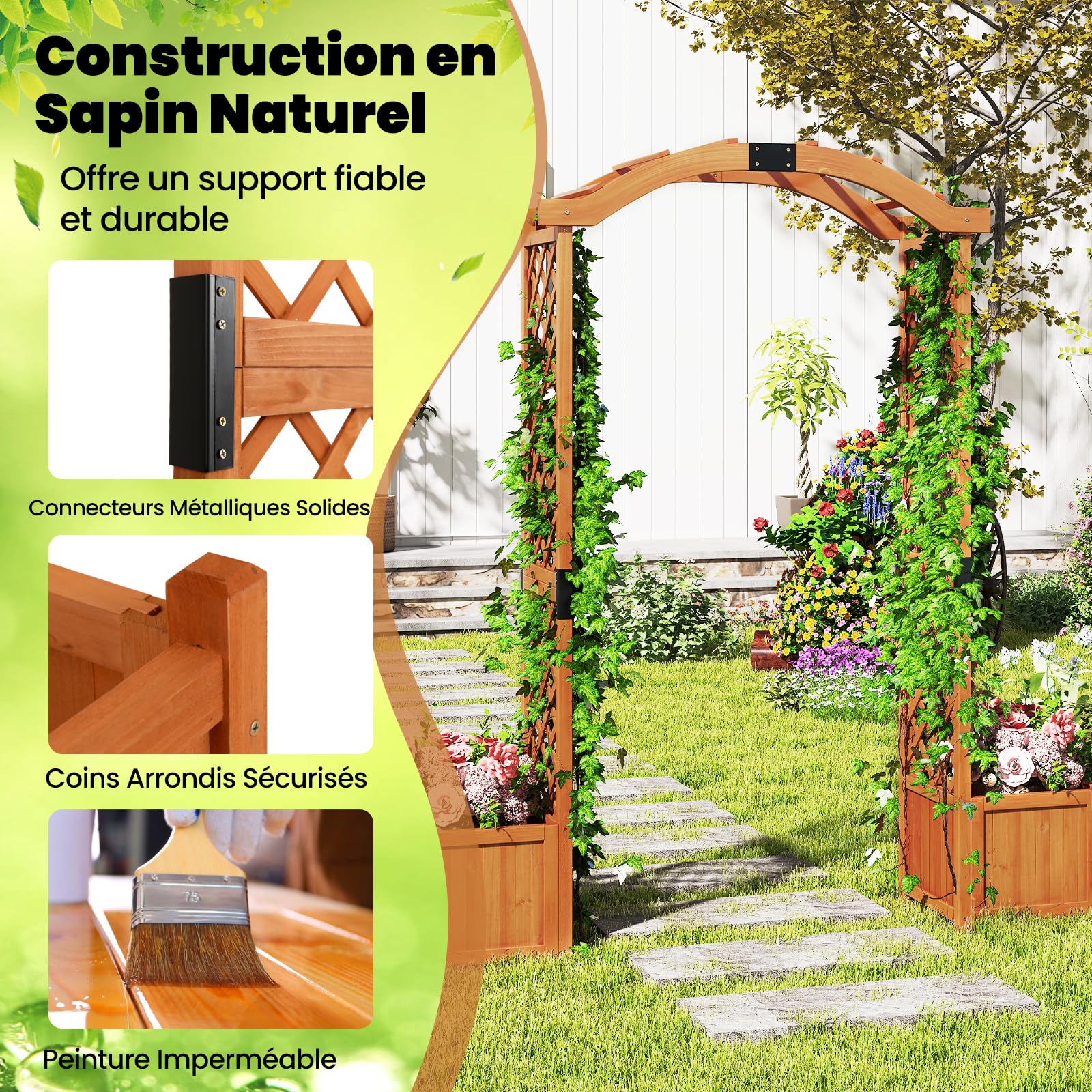 GOPLUS Arche de Jardin avec 2 Jardinières Surélevées 200CM,Jardinières avec Treillis Arqué pour Plantes Grimpantes Fleurs Herbes Légumes Fruits en Bois Massif, Porte Allée Jardin