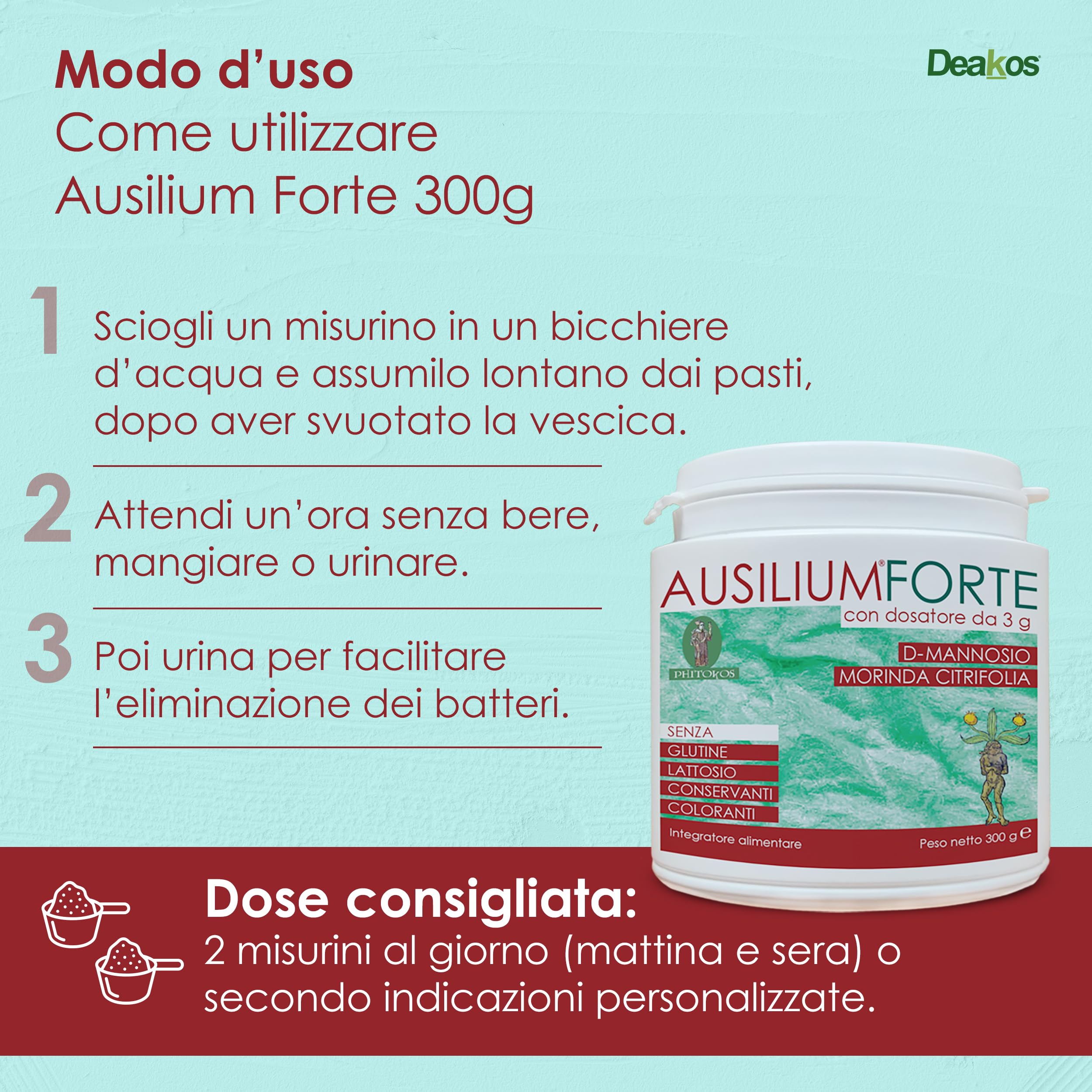 Deakos Ausilium Forte 300g - Integratore Cistite Donna e Benessere delle Vie Urinarie - In Polvere non Aromatizzato - A base di D Mannosio Puro eMorinda Citrifolia - Senza Glutine e Lattosio