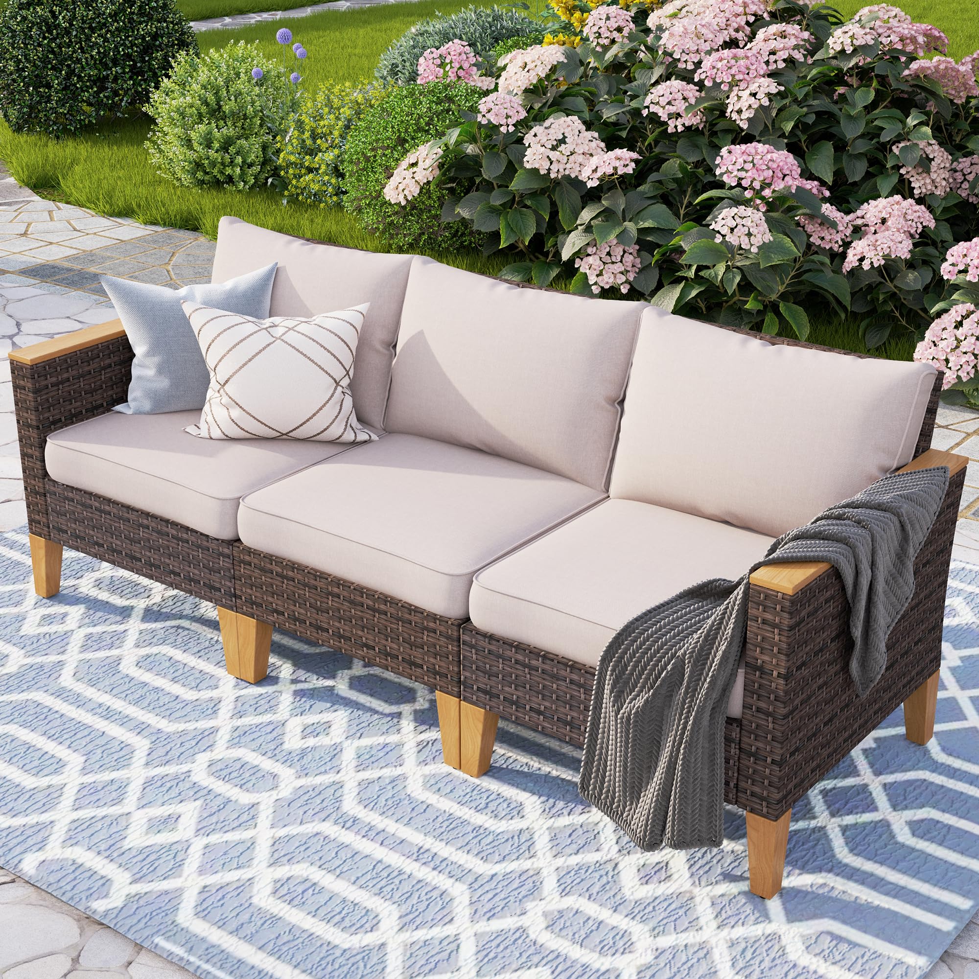 PHI VILLAOversized 3-Seater Patio Couch Outdoor Wicker Patio Furniture Sofa Set for 3 People Conversation Rattan Sofa Set Outdoor Garden